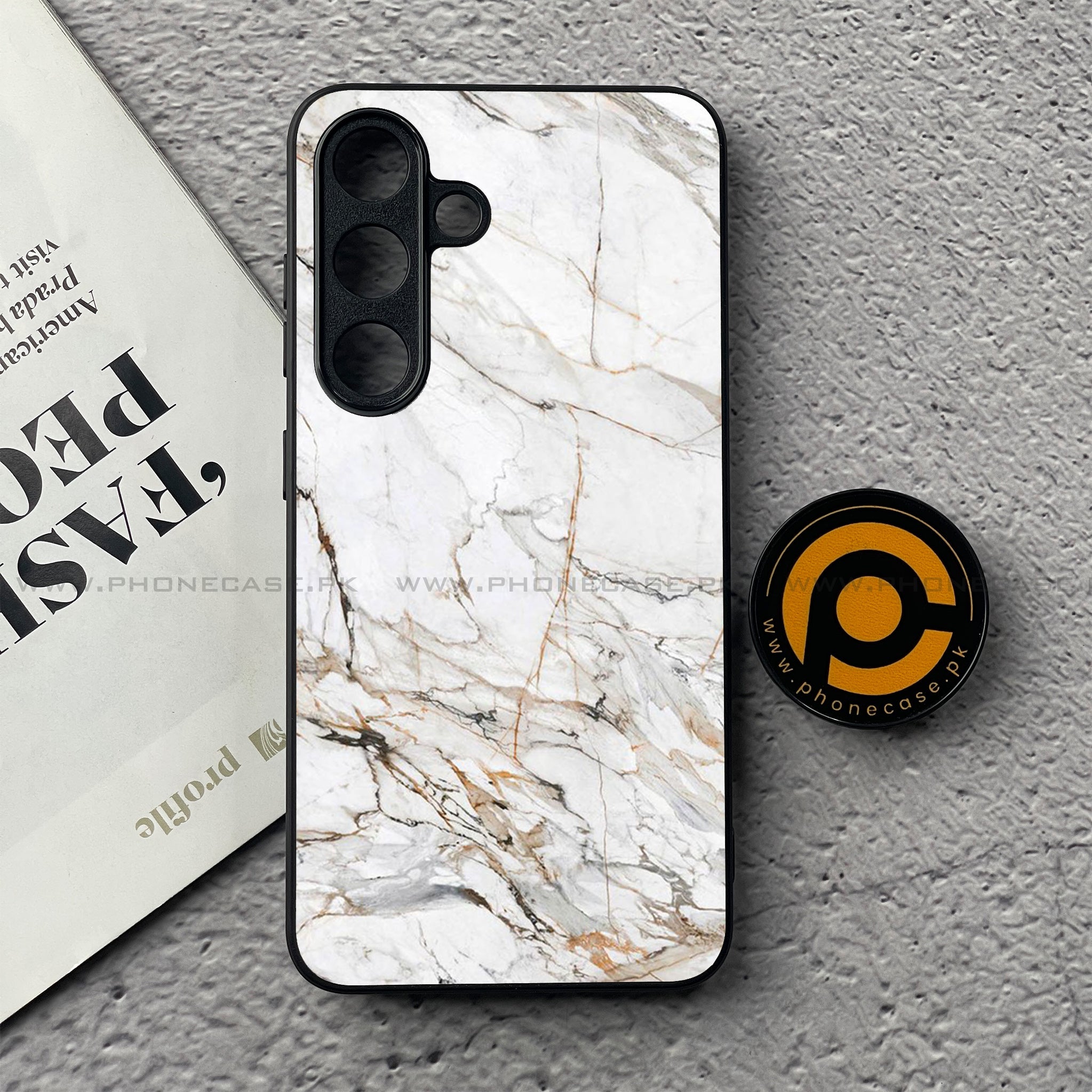 Samsung Galaxy S25 FE - White Marble Series - Premium Metal Printed soft Bumper shock Proof Case