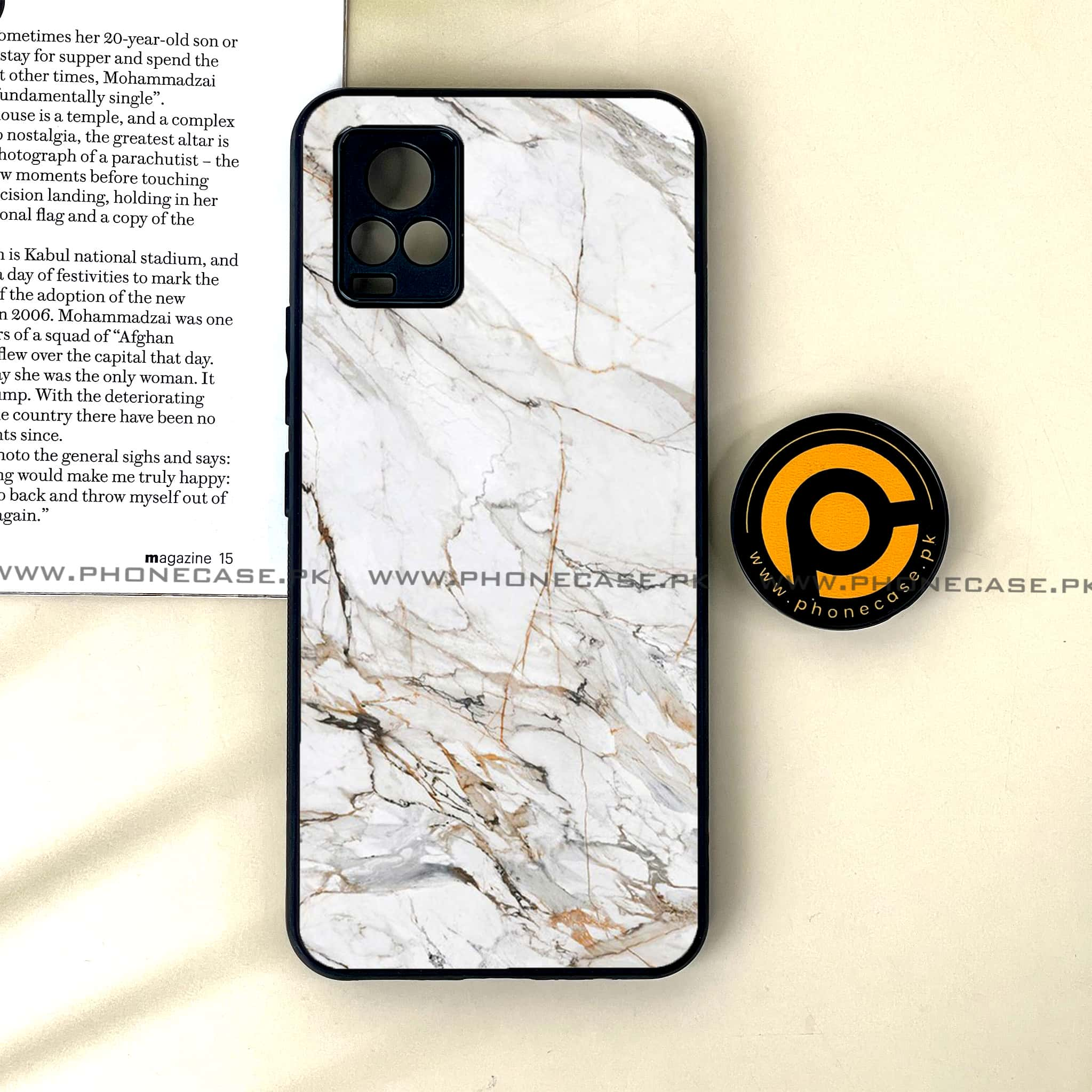 Vivo V20 - White Marble Series - Premium Printed Glass soft Bumper shock Proof Case