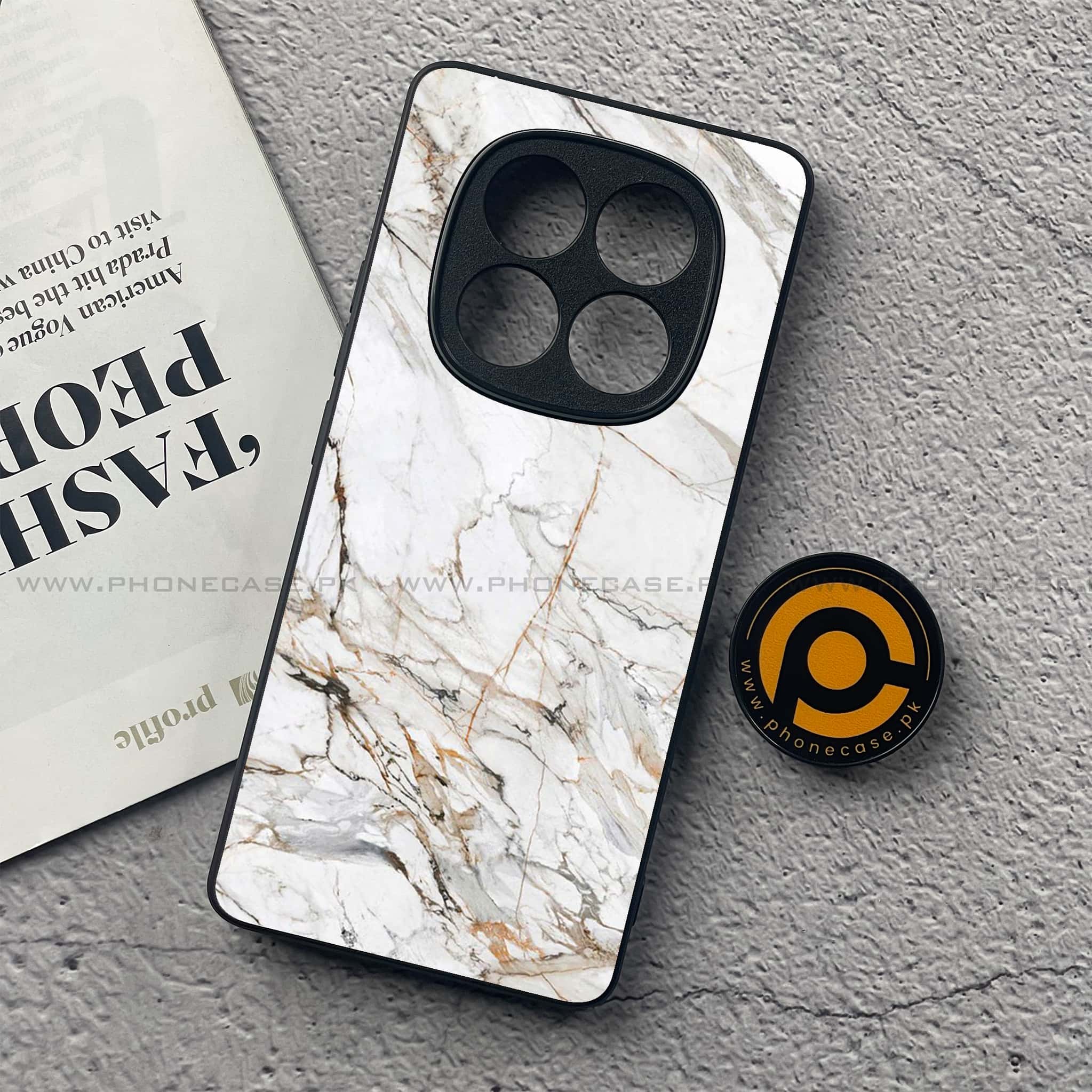 Redmi Note 14 Pro Plus 5G - White Marble Series - Premium Printed Glass soft Bumper shock Proof Case