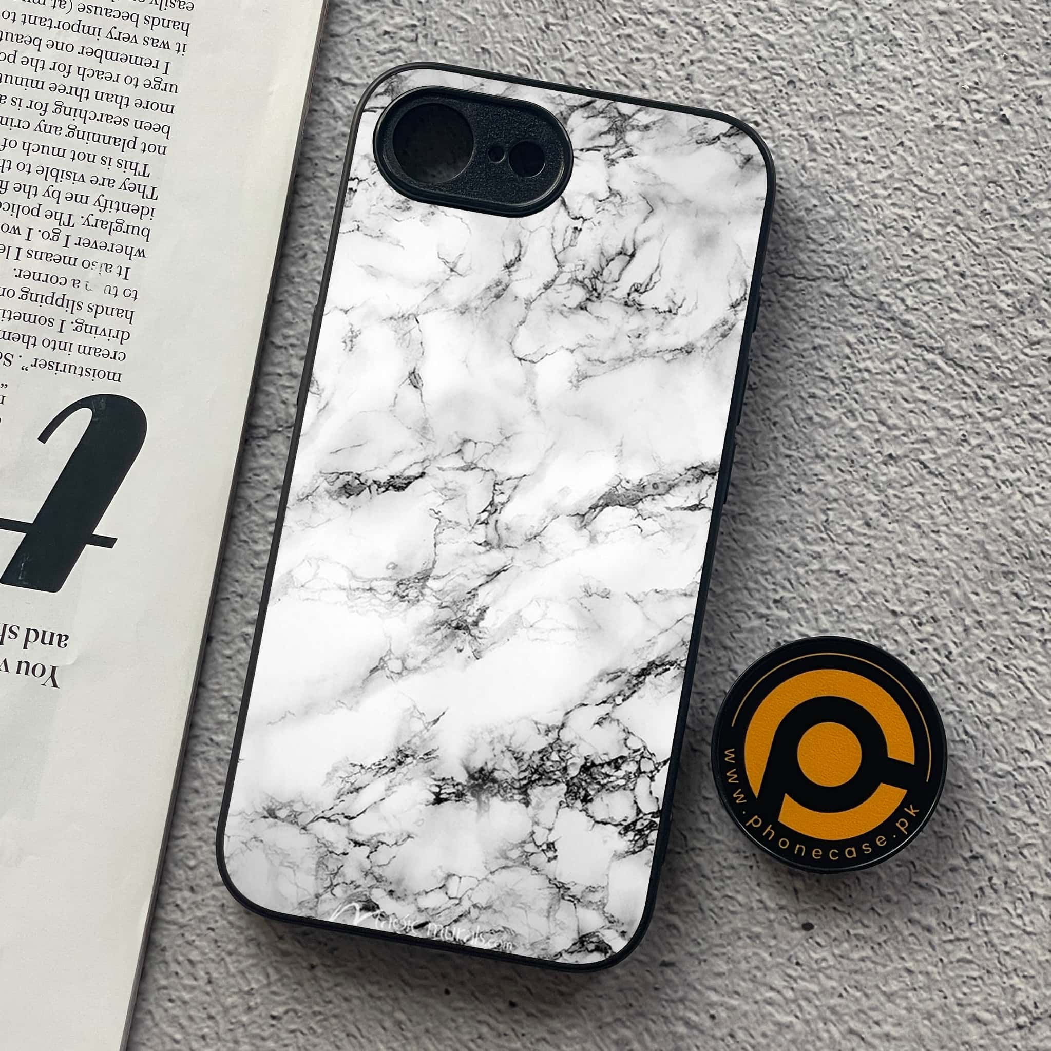 iPhone 16e - White Marble Series - Premium Metal  Printed soft Bumper shock Proof Case