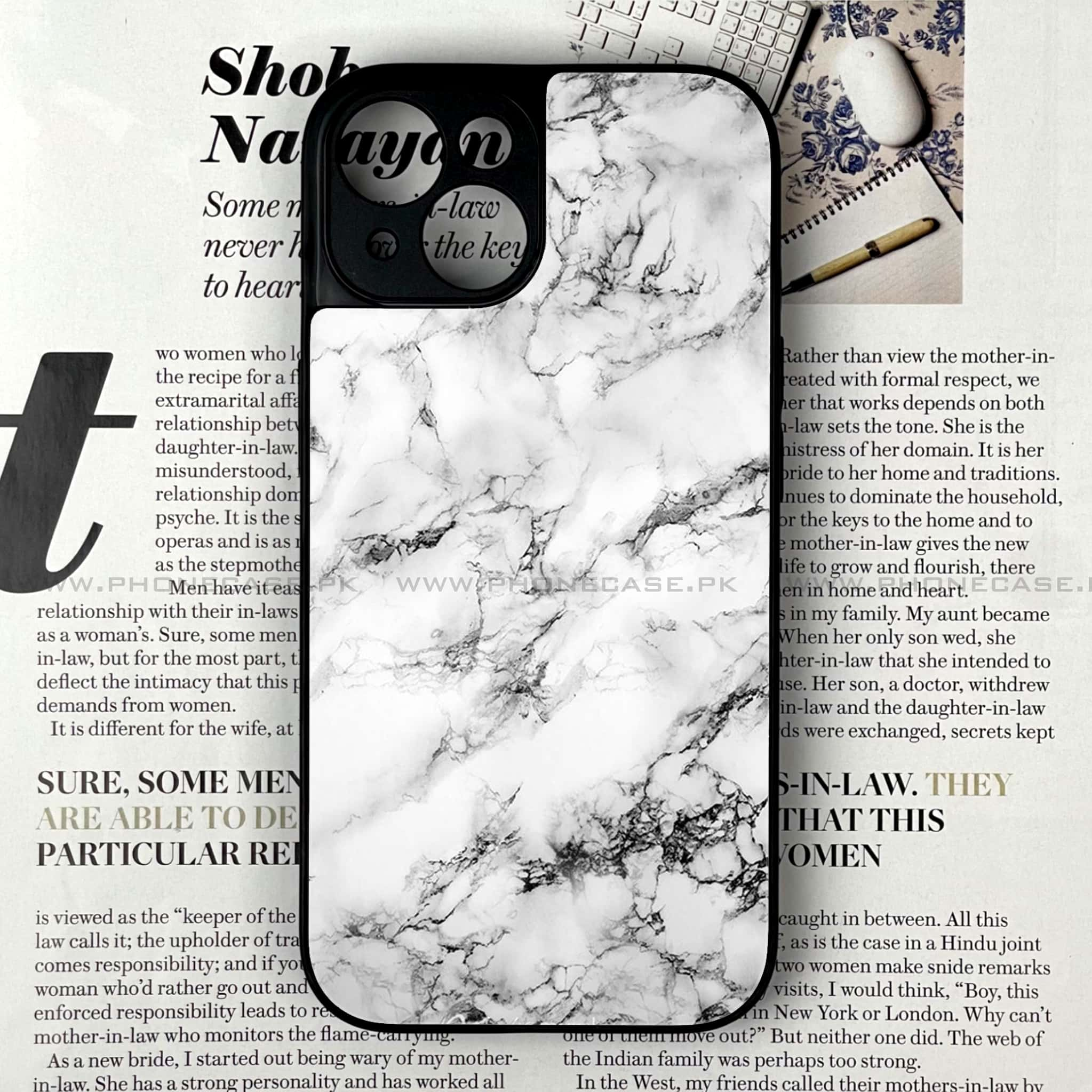 iPhone 14 - White  Marble Series - Premium Printed Glass soft Bumper shock Proof Case