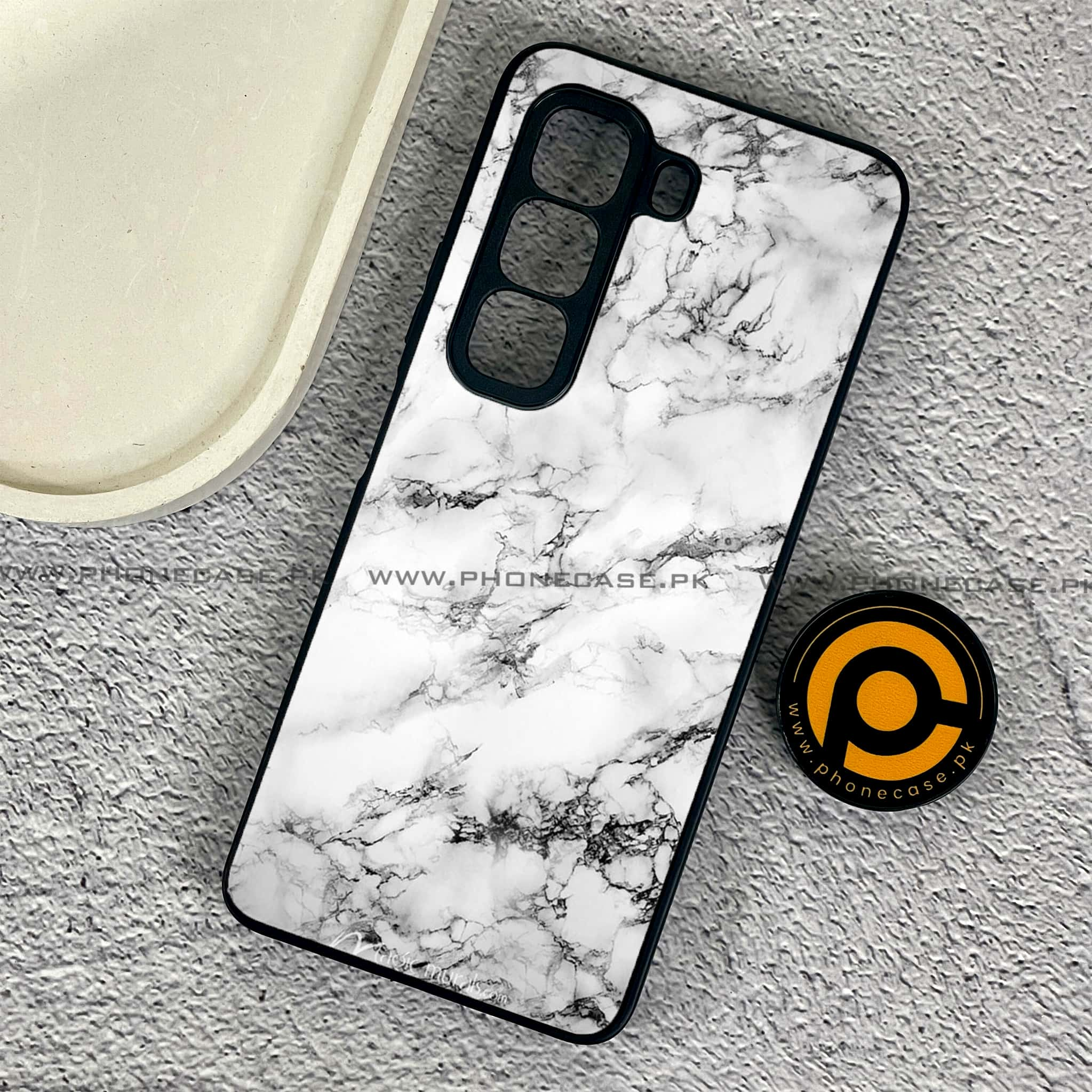 Infinix Hot 50 Pro - White Marble series - Premium Printed Glass soft Bumper shock Proof Case