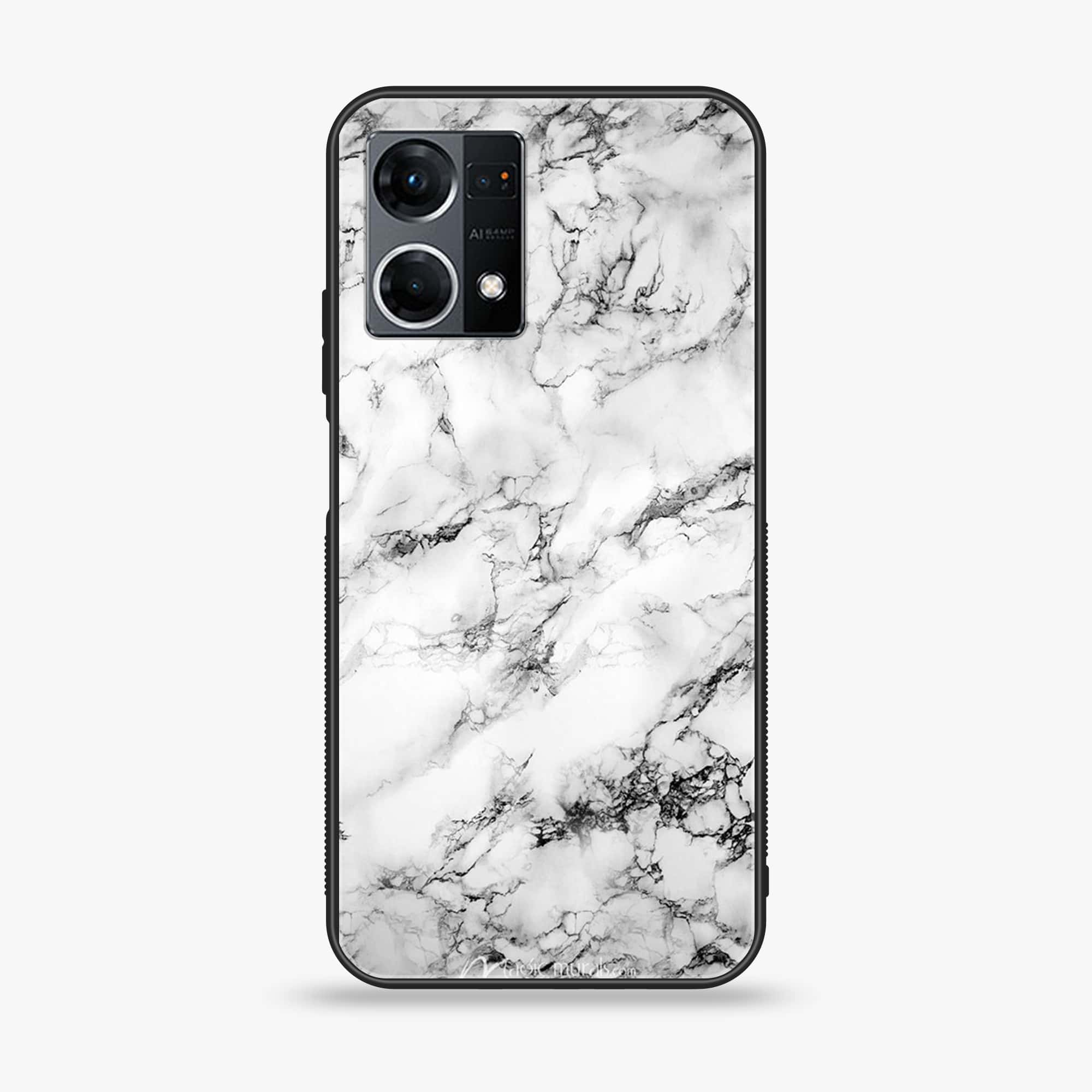 Oppo Reno 7 - White Marble series - Premium Printed Glass soft Bumper shock Proof Case