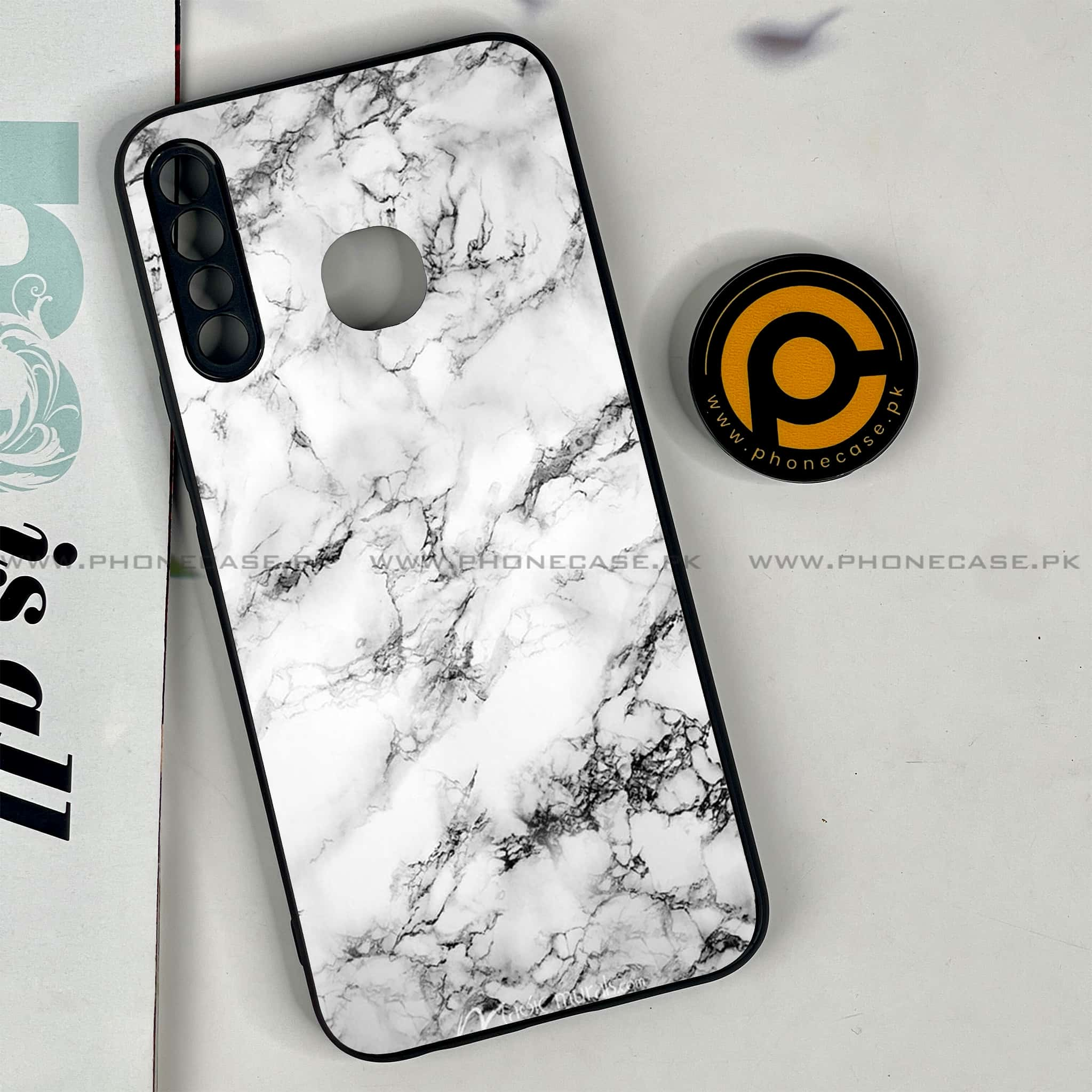 Infinix Hot 8 Lite - White Marble series - Premium Printed Glass soft Bumper shock Proof Cas