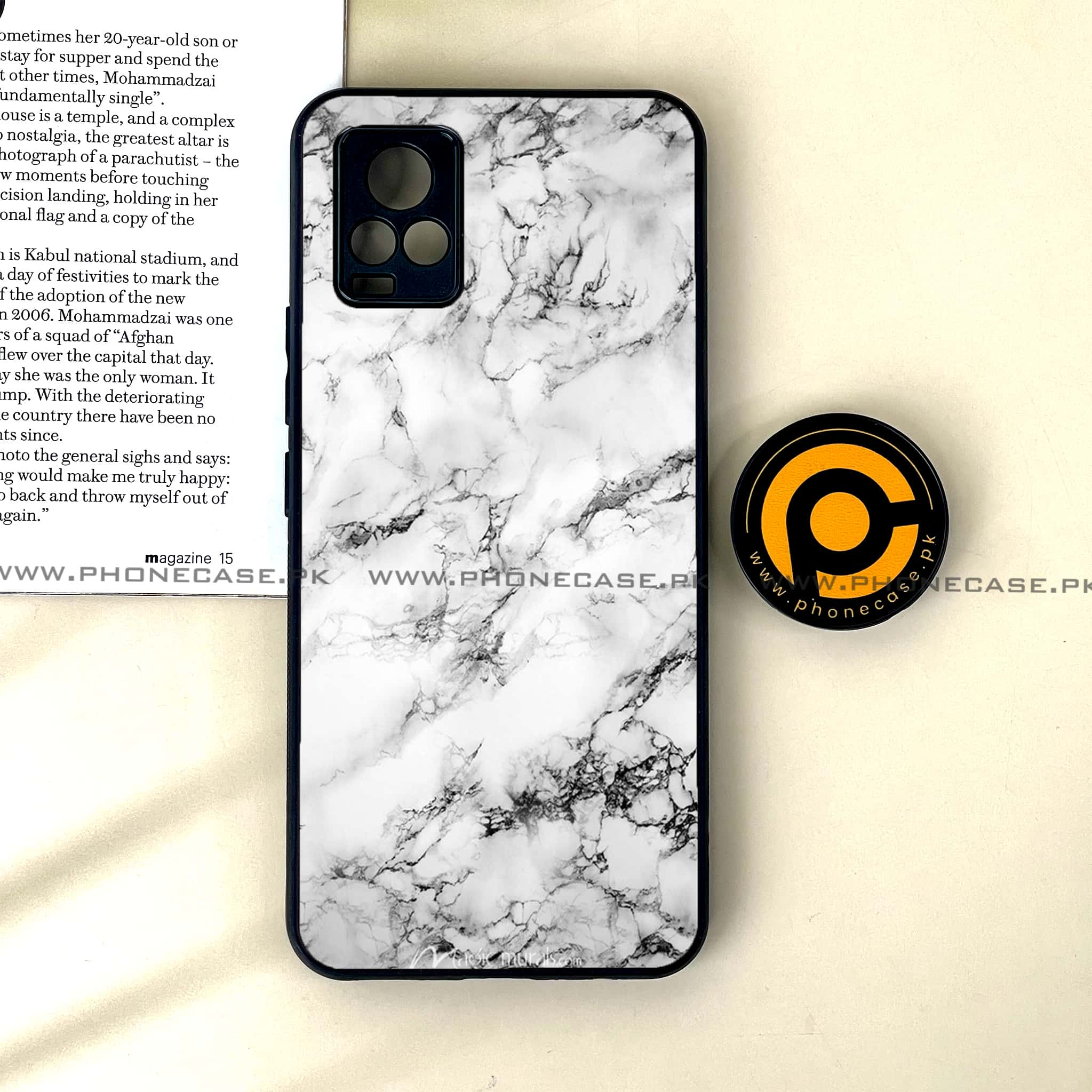 Vivo V20 - White Marble Series - Premium Printed Glass soft Bumper shock Proof Case