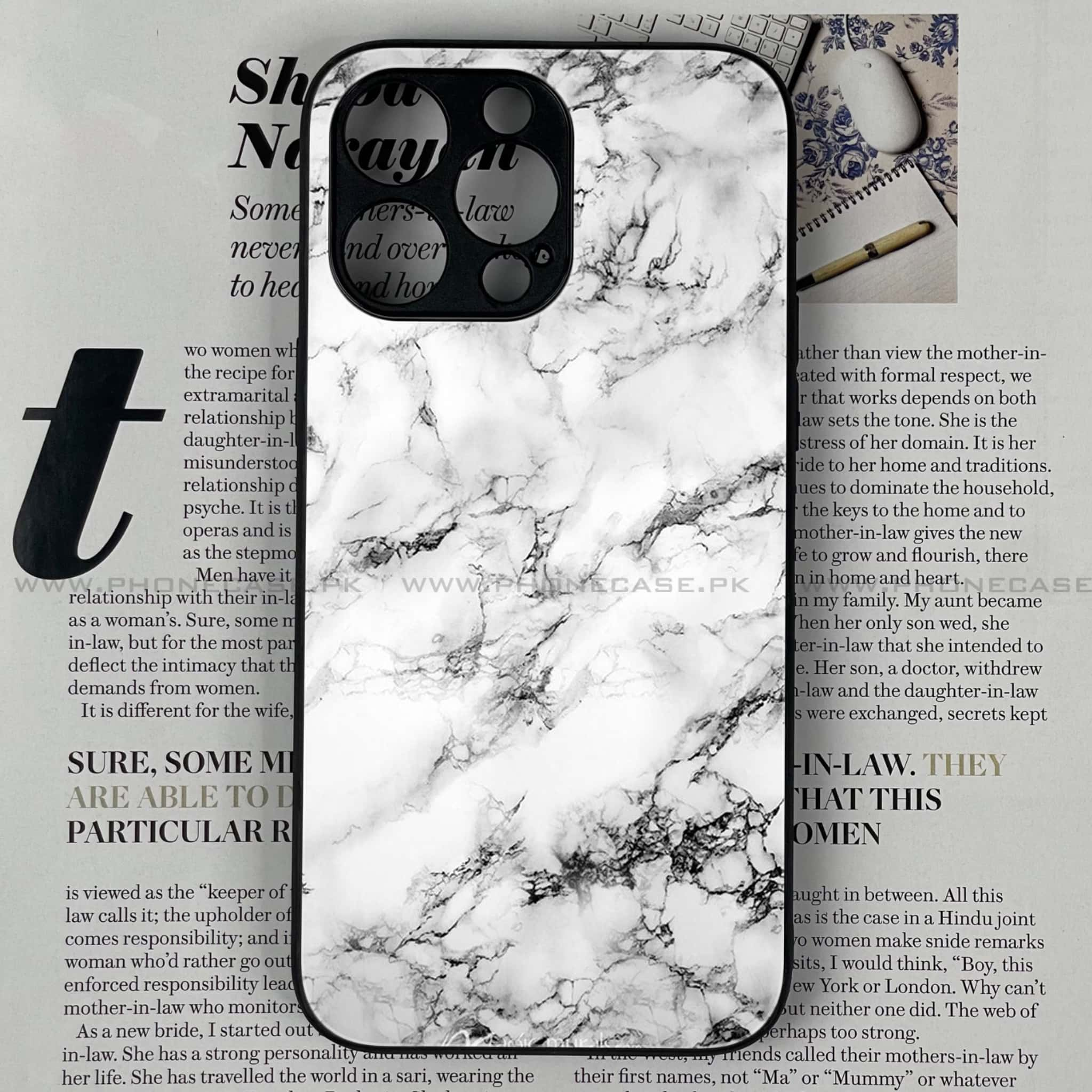 iPhone 14 Pro Max - White Marble Series - Premium Printed Glass soft Bumper shock Proof Case