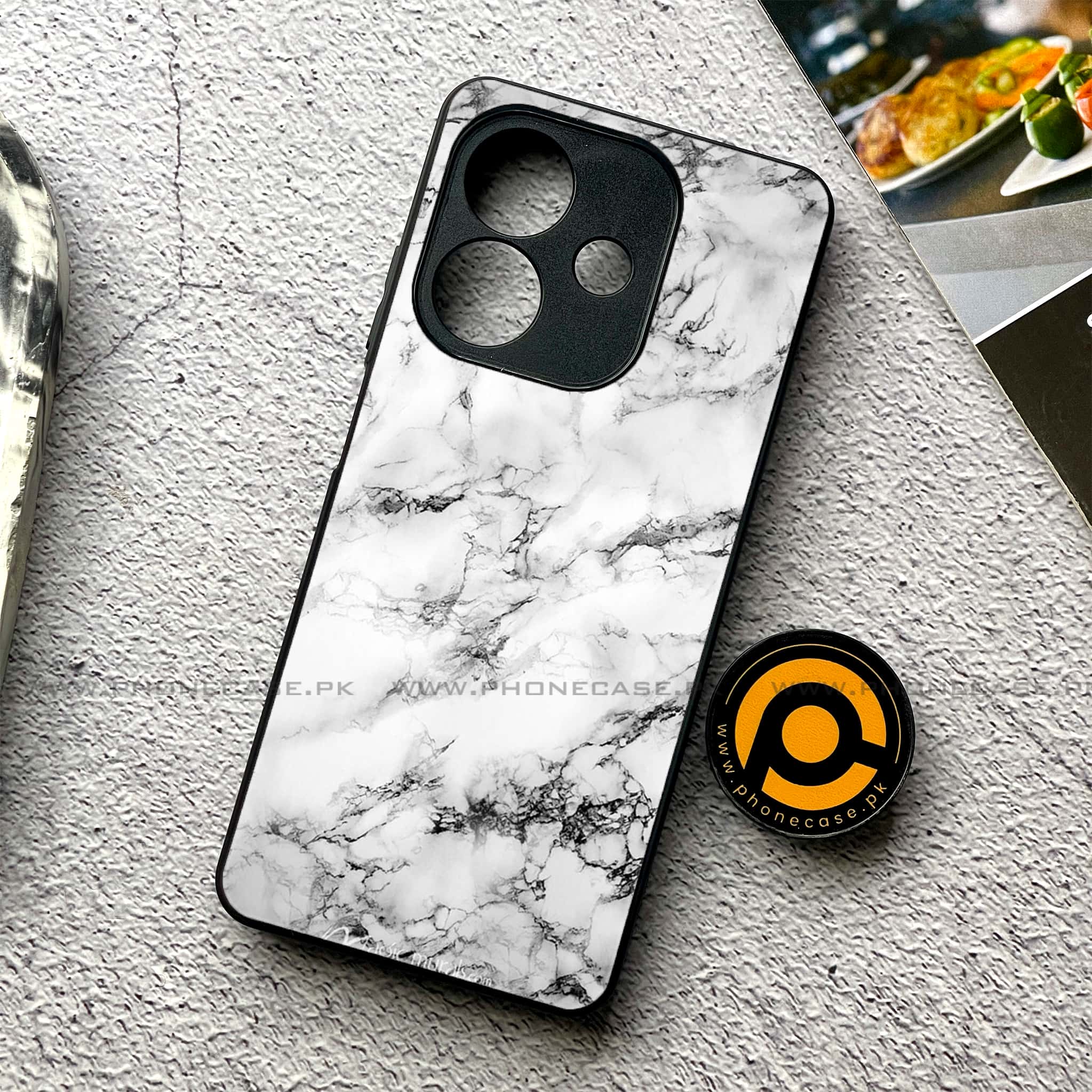 Oppo A5i - White Marble Series - Premium Metal Printed soft Bumper shock Proof Case