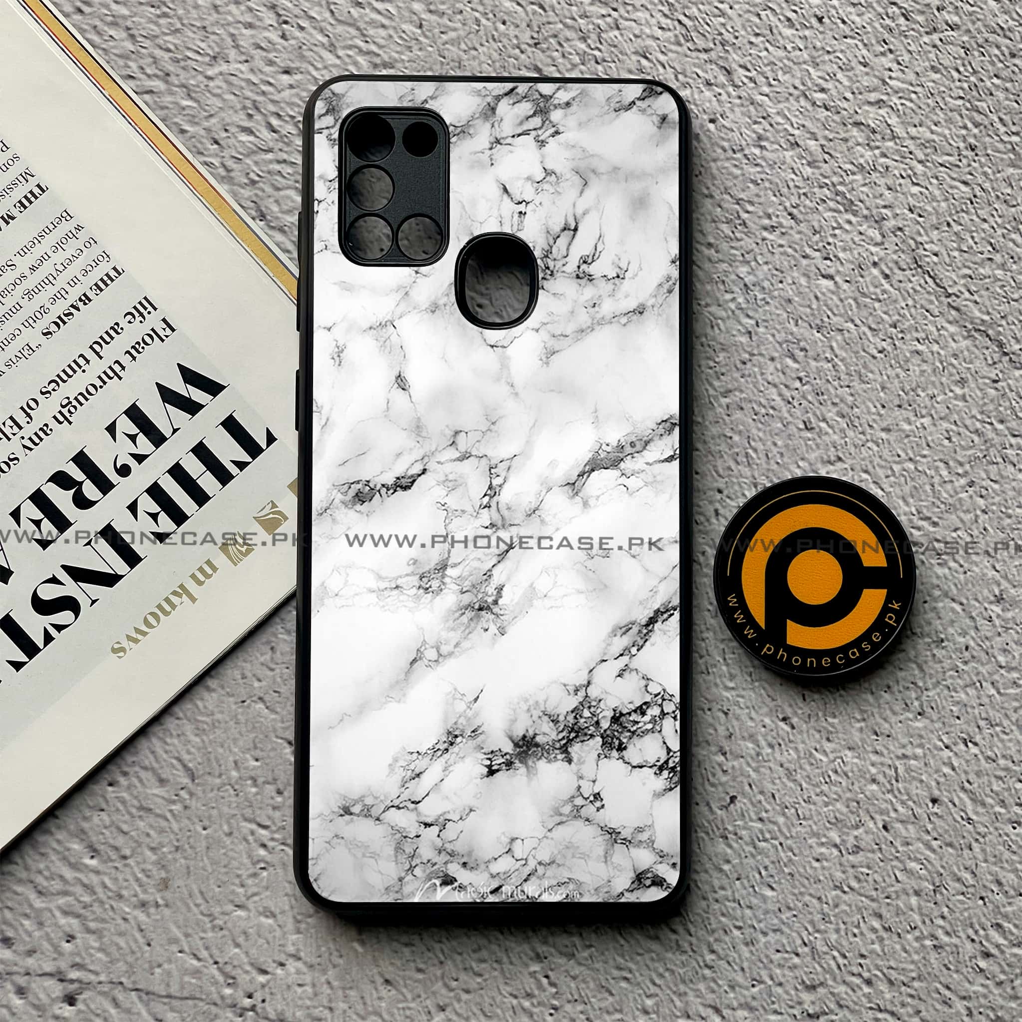 Samsung Galaxy A21s - White Marble Series - Premium Printed Glass soft Bumper shock Proof Case