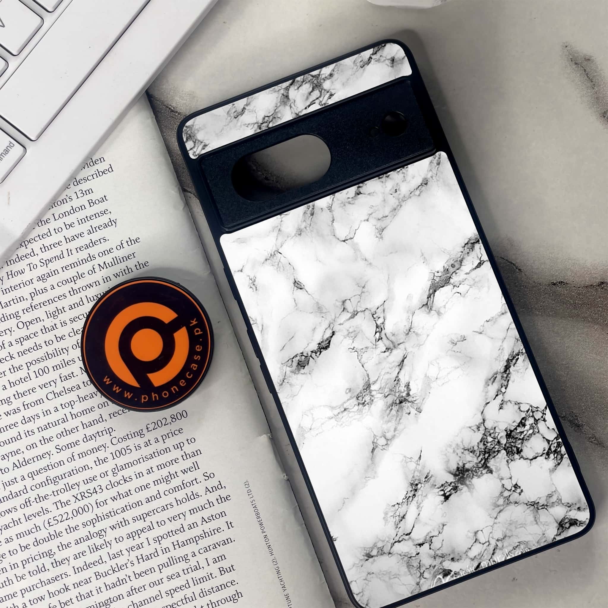 Google Pixel 7 - White Marble Series - Premium Metal Printed soft Bumper Shock Proof Case