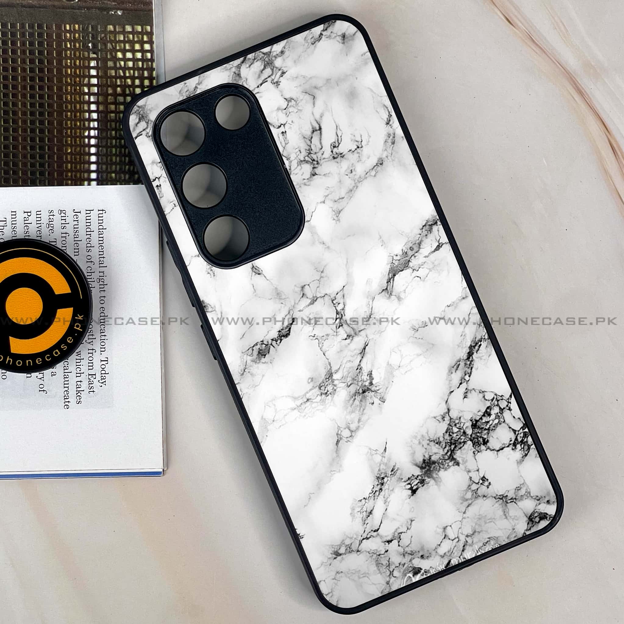 Vivo Y200e - White Marble series - Premium Metal Printed soft Bumper shock Proof Case