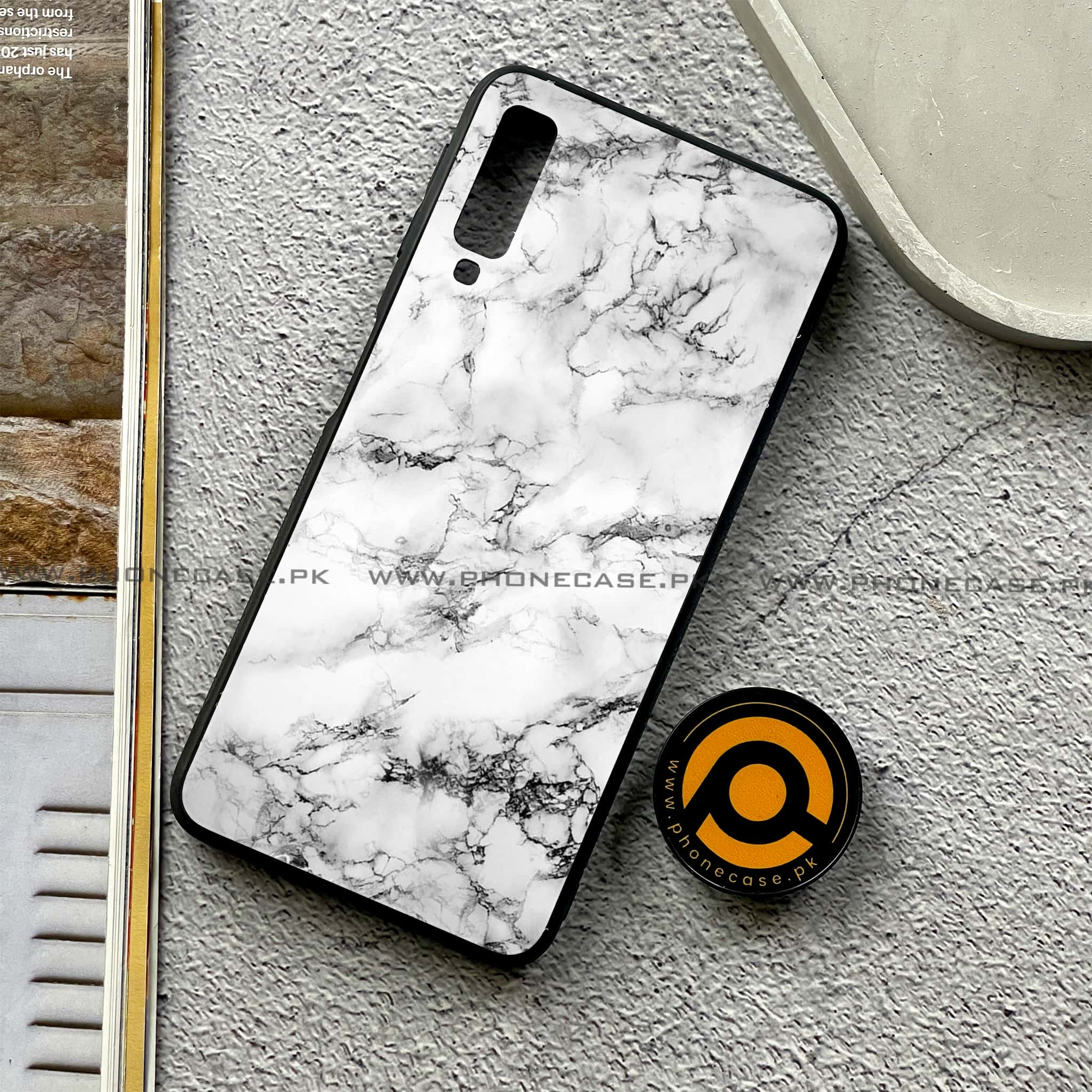 Galaxy A7 2018 - White Marble series - Premium Printed Metal soft Bumper shock Proof Case