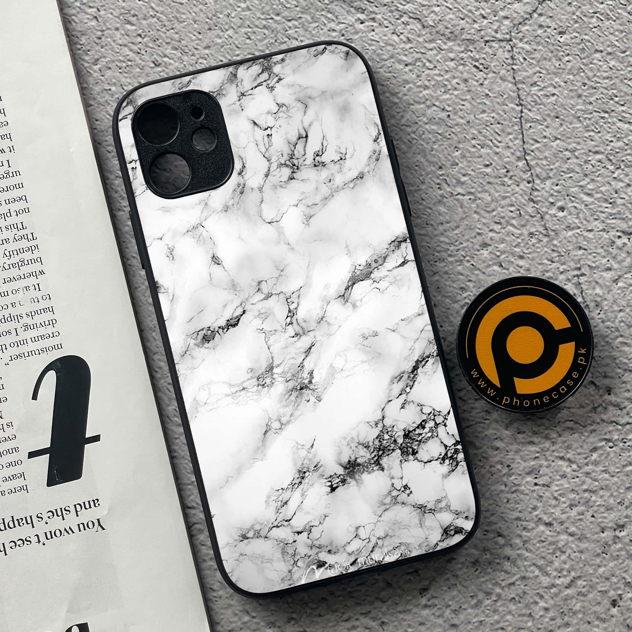iPhone 11 White Marble Series  Premium Printed Glass soft Bumper shock Proof Case