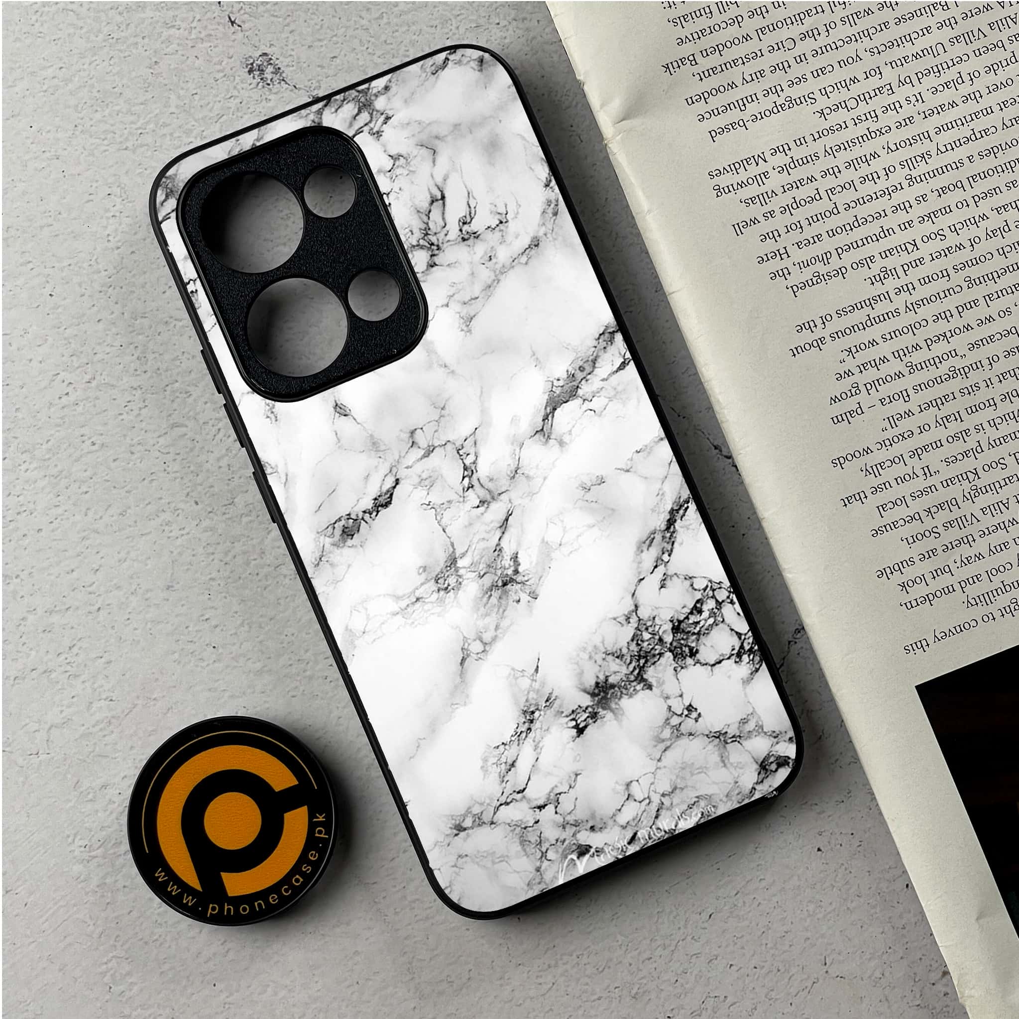 Oppo Reno 13 - White Marble Series - Premium Metal Printed Soft Bumper Shockproof Case