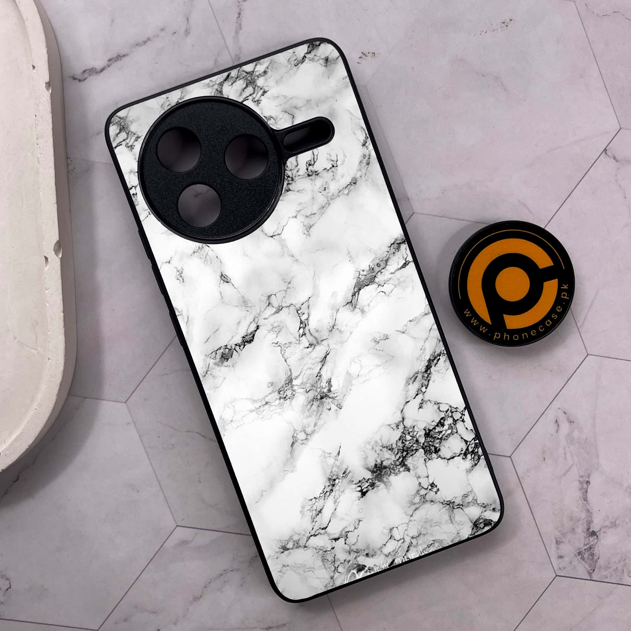 Xiaomi Poco F7 Pro 5G - White Marble Series - Premium Metal Printed soft Bumper shock Proof Case