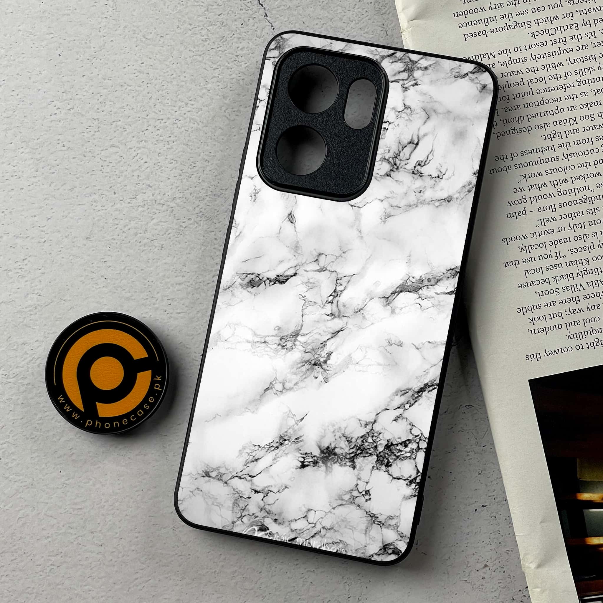 Oppo Reno 13F - White Marble Series - Premium Metal Printed Soft Bumper Shockproof Case