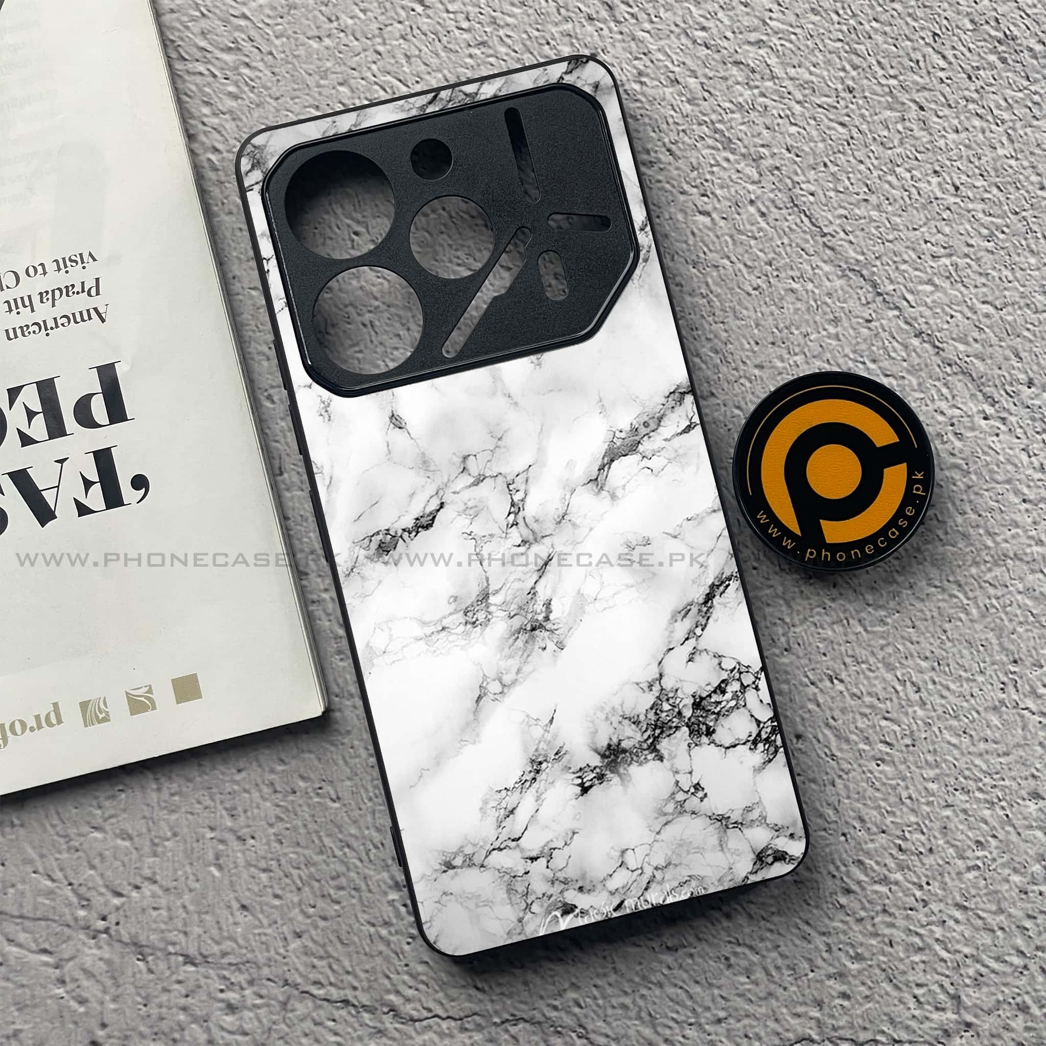 Tecno Pova 6 Pro - White Marble Series - Premium Printed Glass soft Bumper shock Proof Case