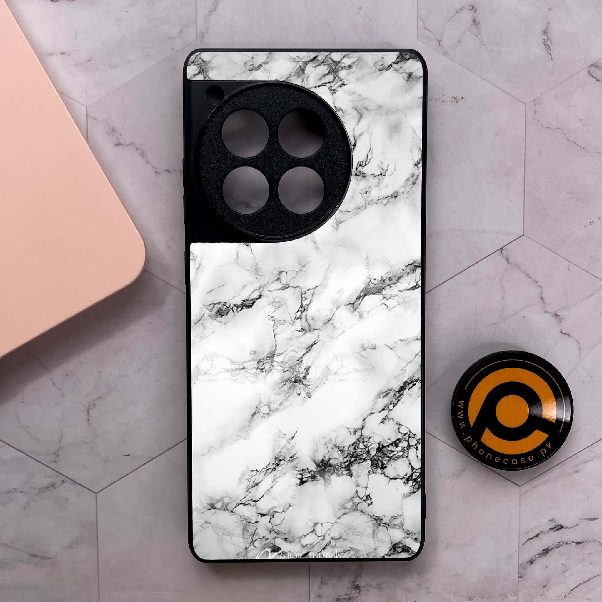 OnePlus 12R - White Marble Series - Premium Metal Printed soft Bumper shock Proof Case