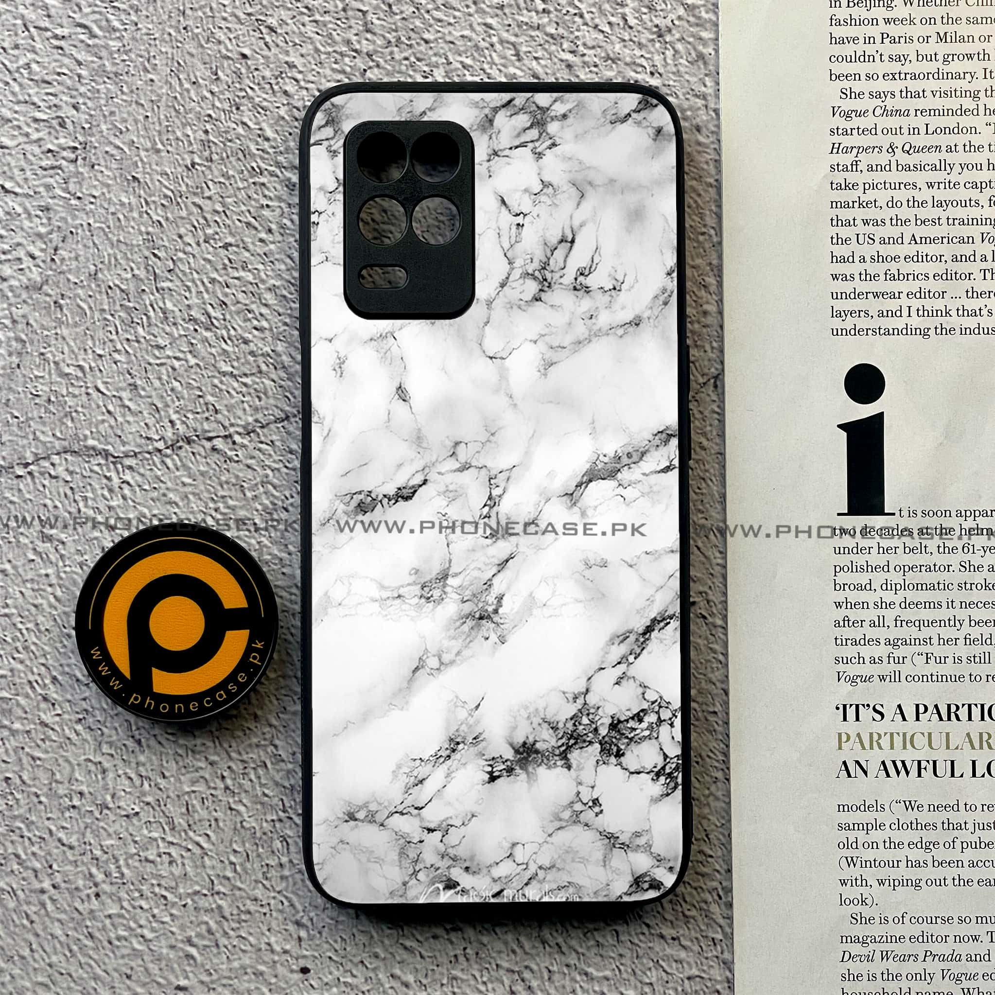 Realme Narzo 30 5G - White Marble Series - Premium Printed Glass soft Bumper shock Proof Case