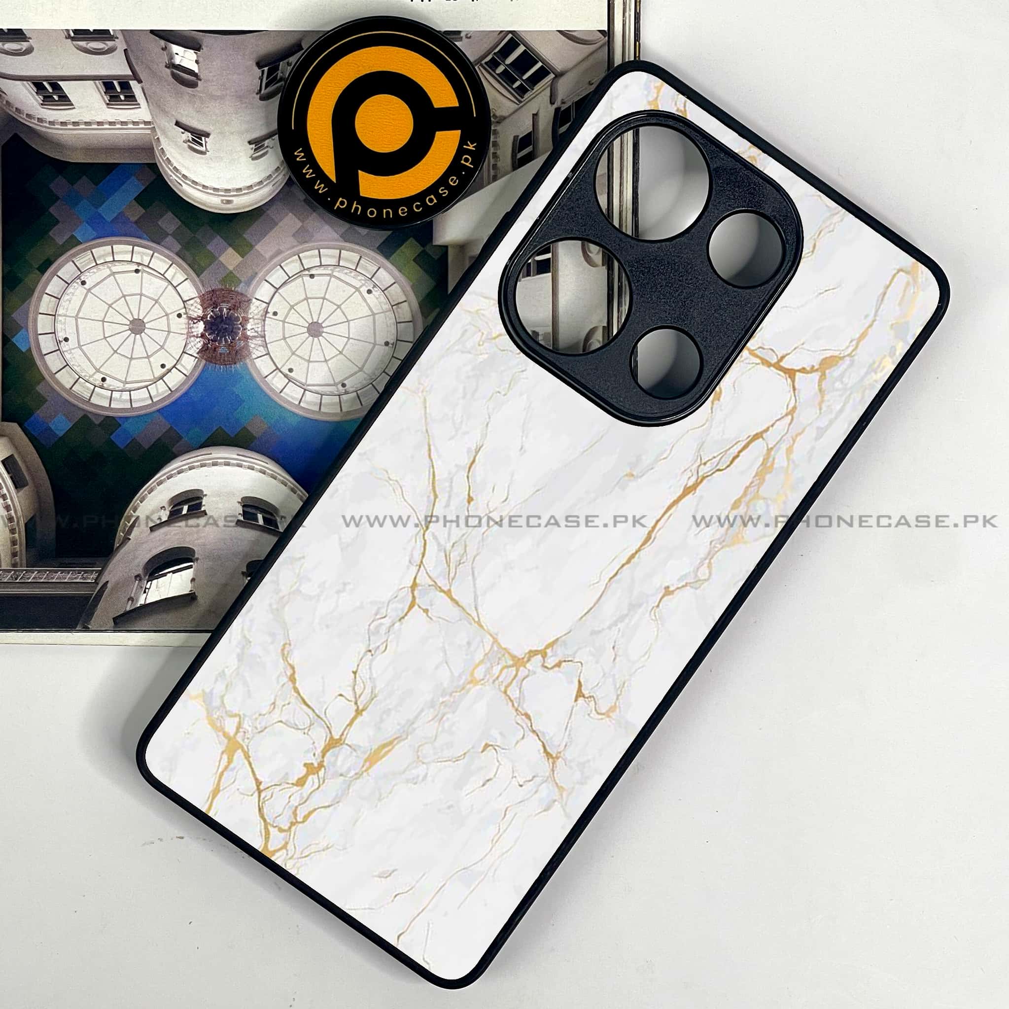 Redmi Note 13 Pro 4G - White Marble Series - Premium Metal Printed soft Bumper shock Proof Case