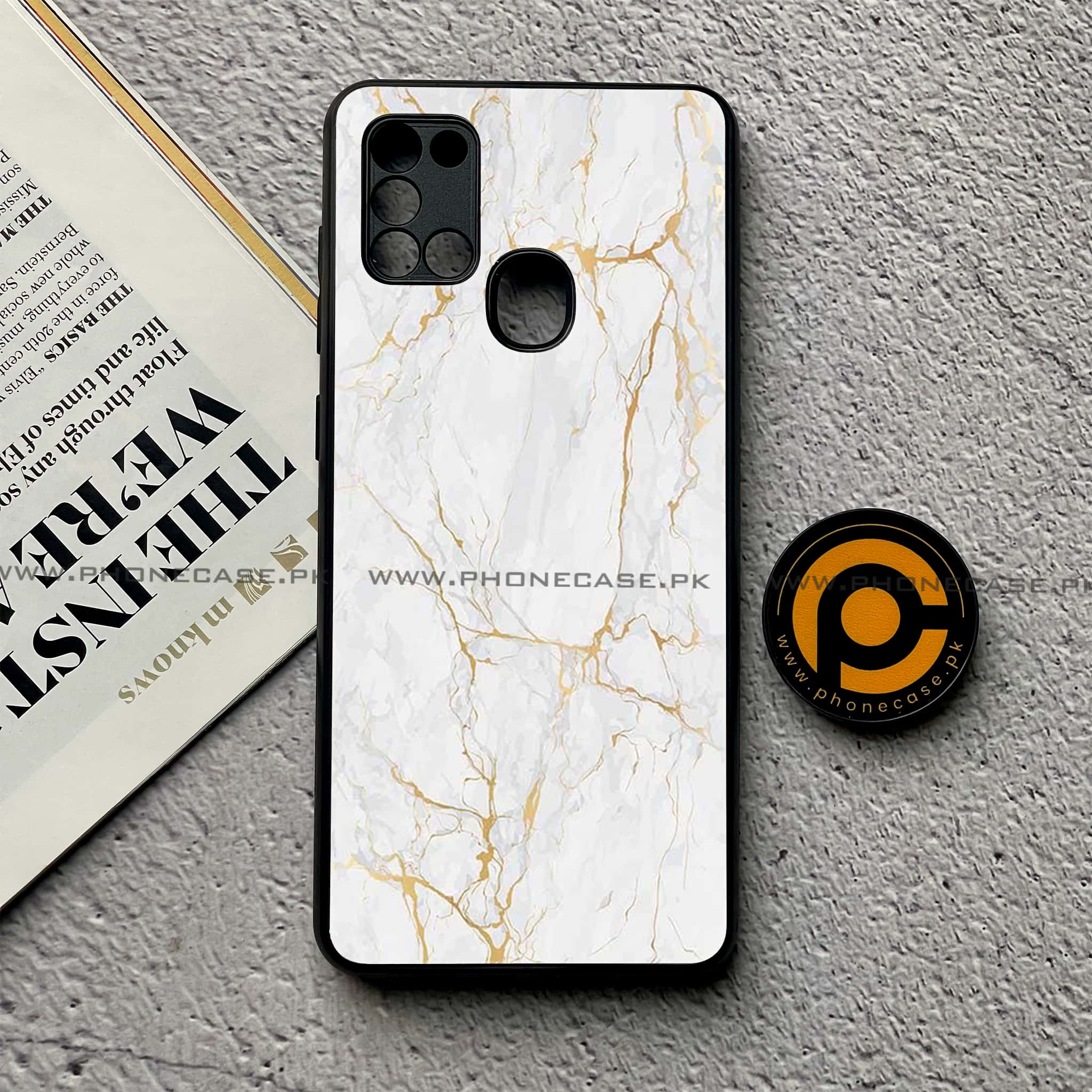 Samsung Galaxy A21s - White Marble Series - Premium Printed Glass soft Bumper shock Proof Case