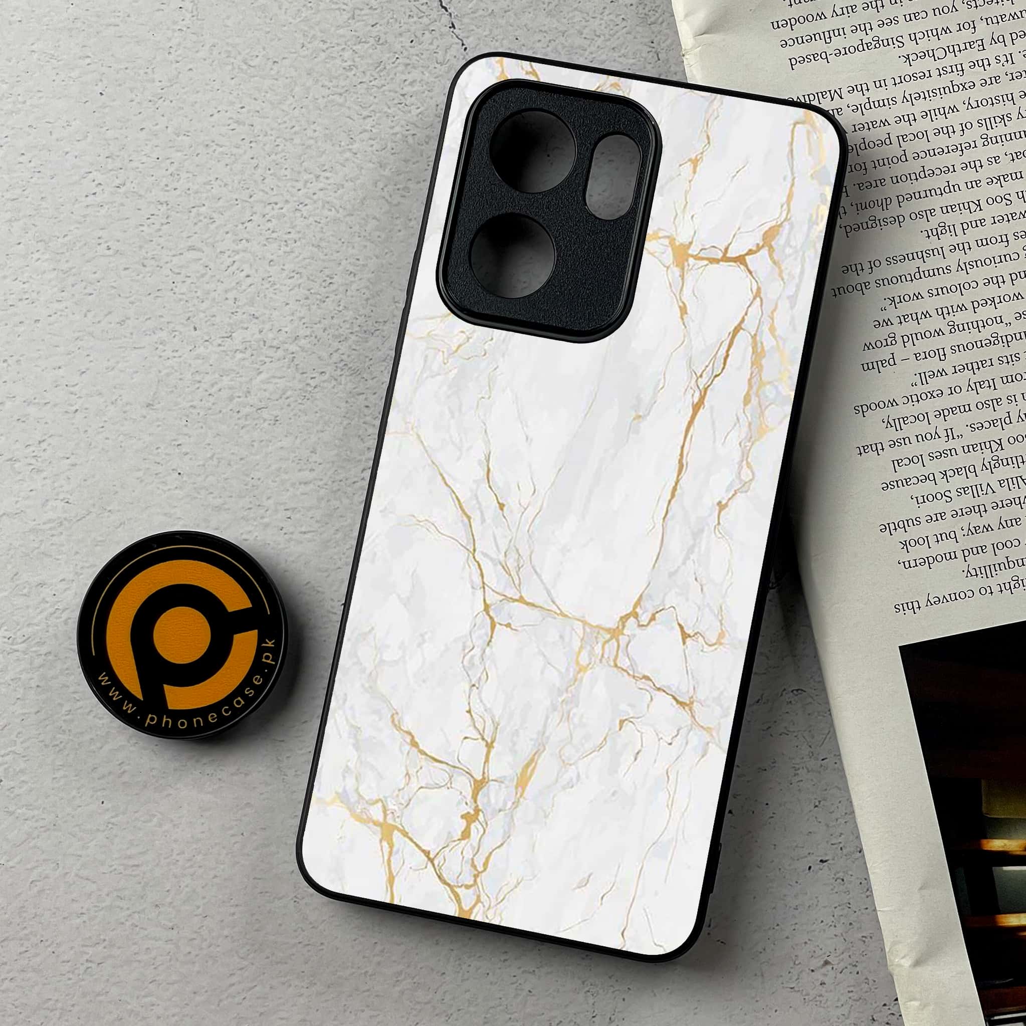 Oppo Reno 13F - White Marble Series - Premium Metal Printed Soft Bumper Shockproof Case