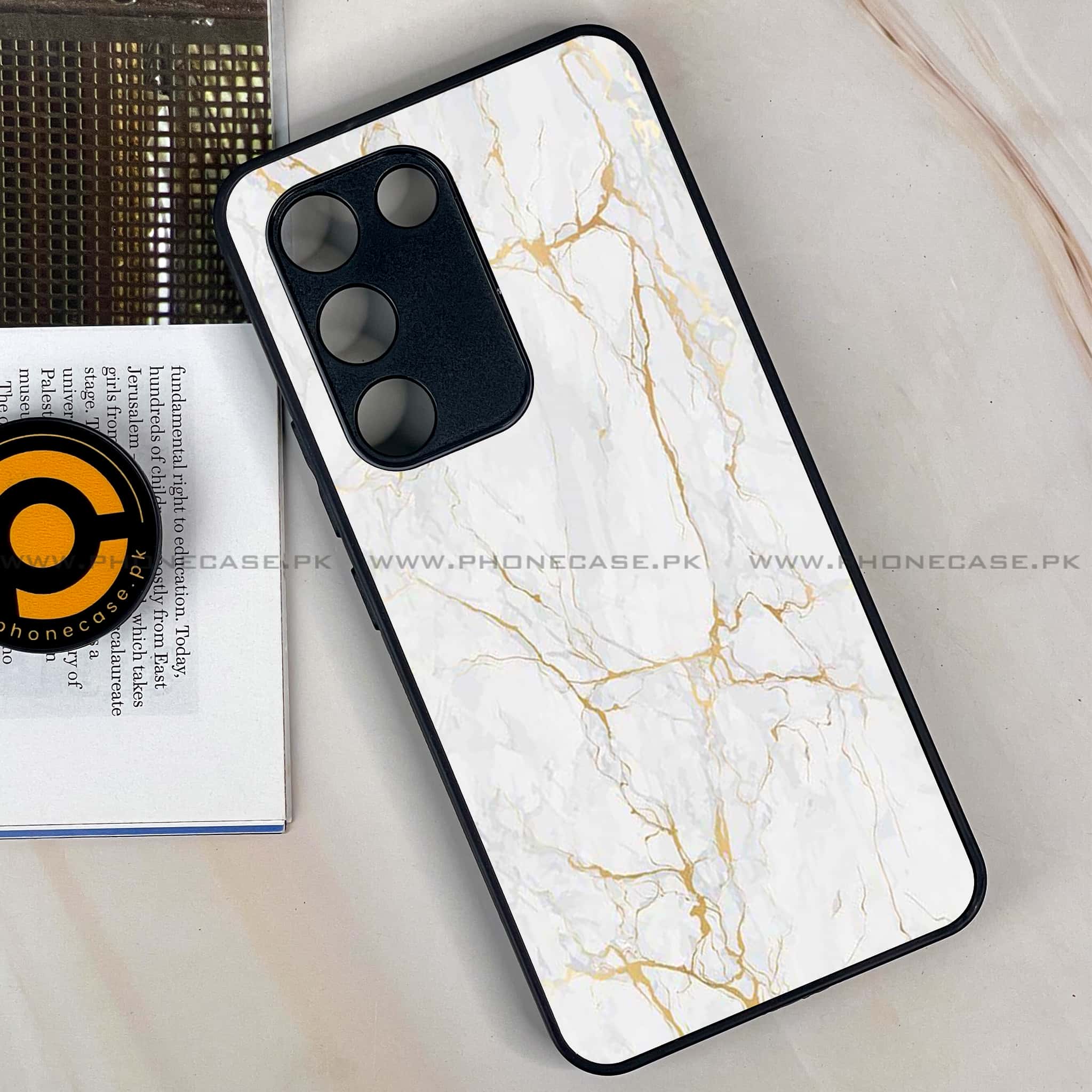 Vivo Y200e - White Marble series - Premium Metal Printed soft Bumper shock Proof Case