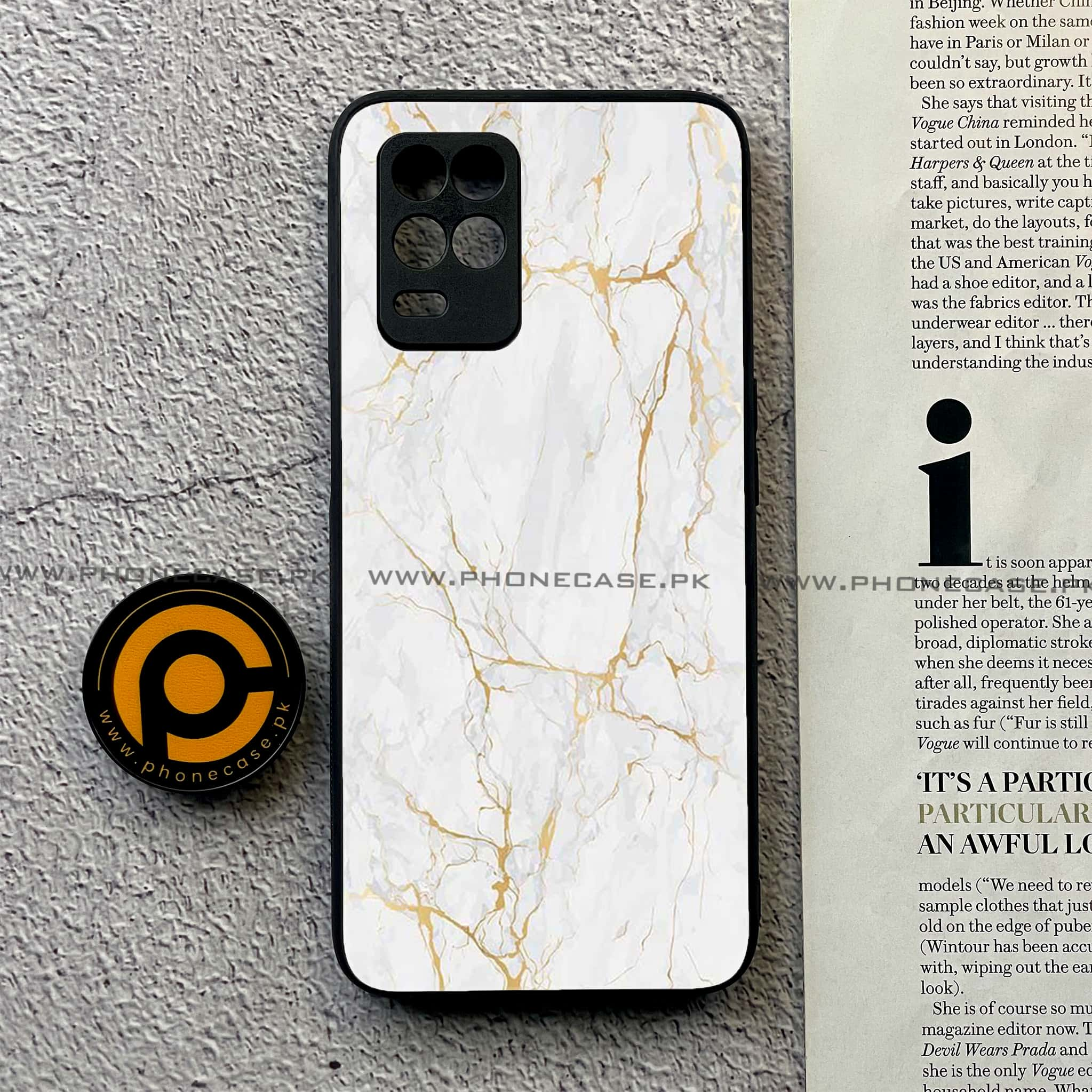 Realme Narzo 30 5G - White Marble Series - Premium Printed Glass soft Bumper shock Proof Case