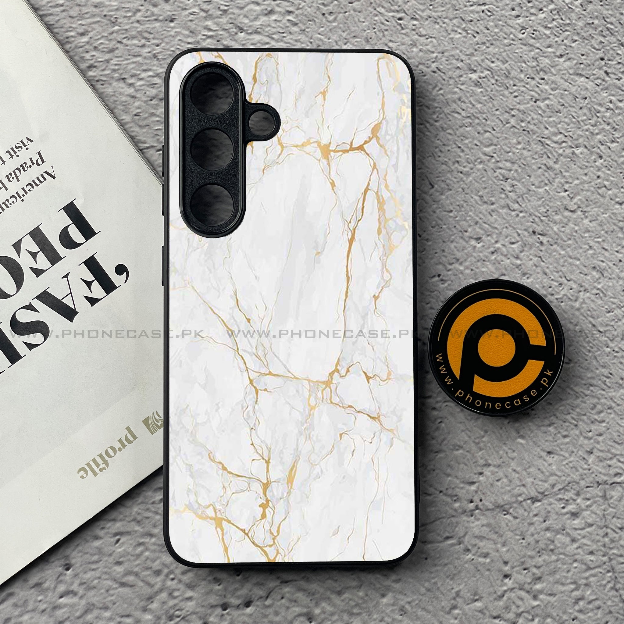 Samsung Galaxy S25 FE - White Marble Series - Premium Metal Printed soft Bumper shock Proof Case