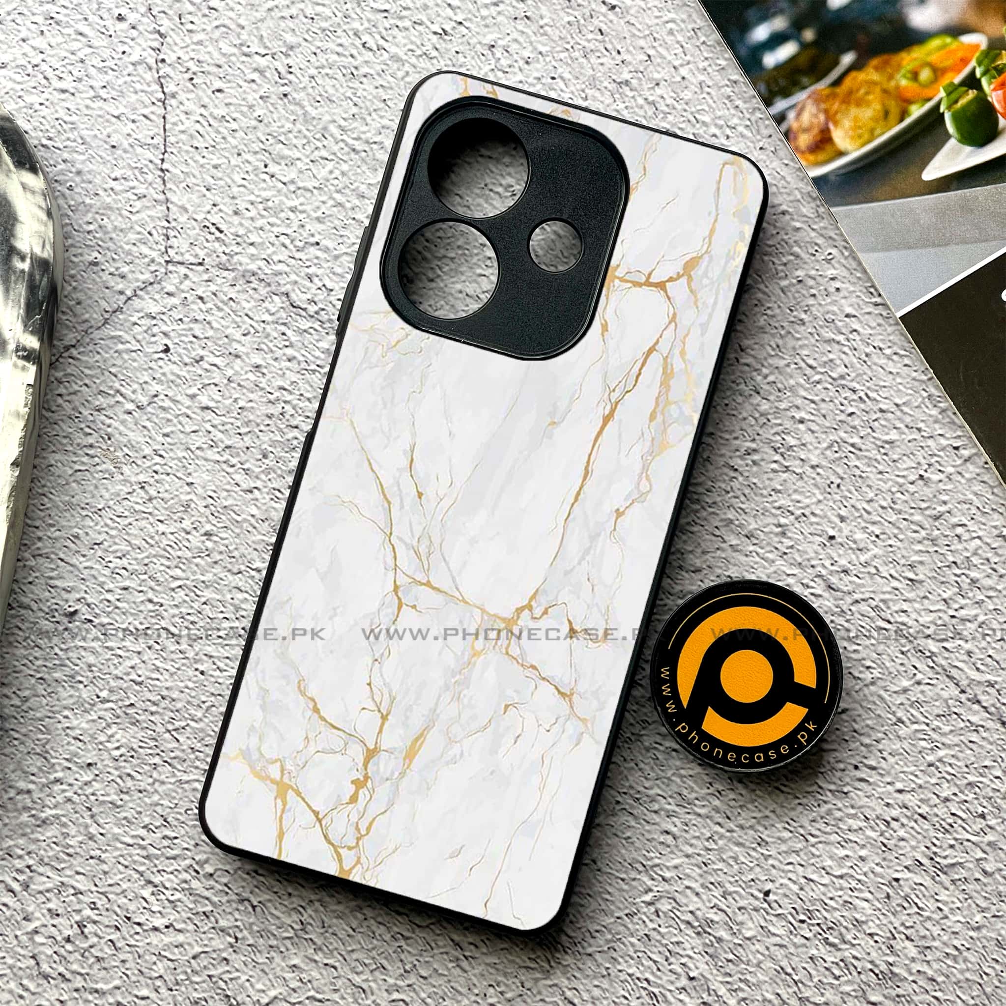 Oppo A5i - White Marble Series - Premium Metal Printed soft Bumper shock Proof Case