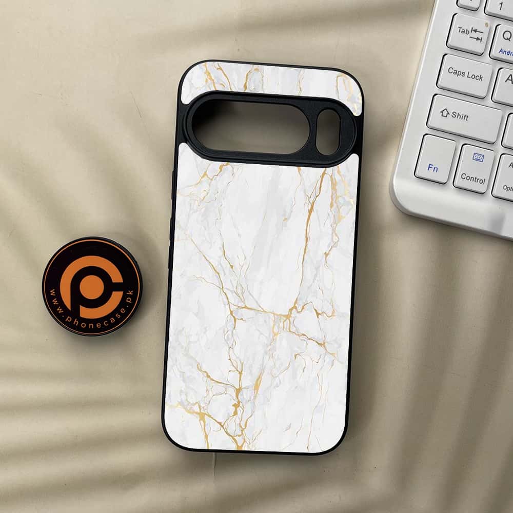 Google Pixel 10 Pro  - White Marble series - Premium Metal Printed soft Bumper Shock Proof Case
