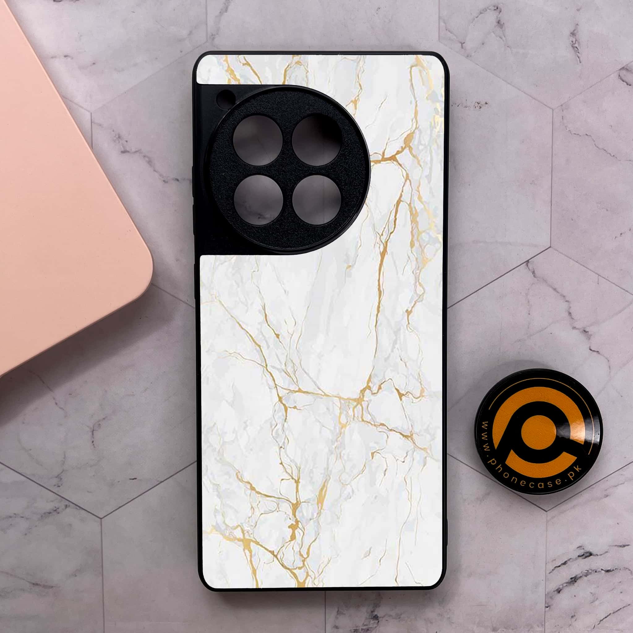 OnePlus 12R - White Marble Series - Premium Metal Printed soft Bumper shock Proof Case