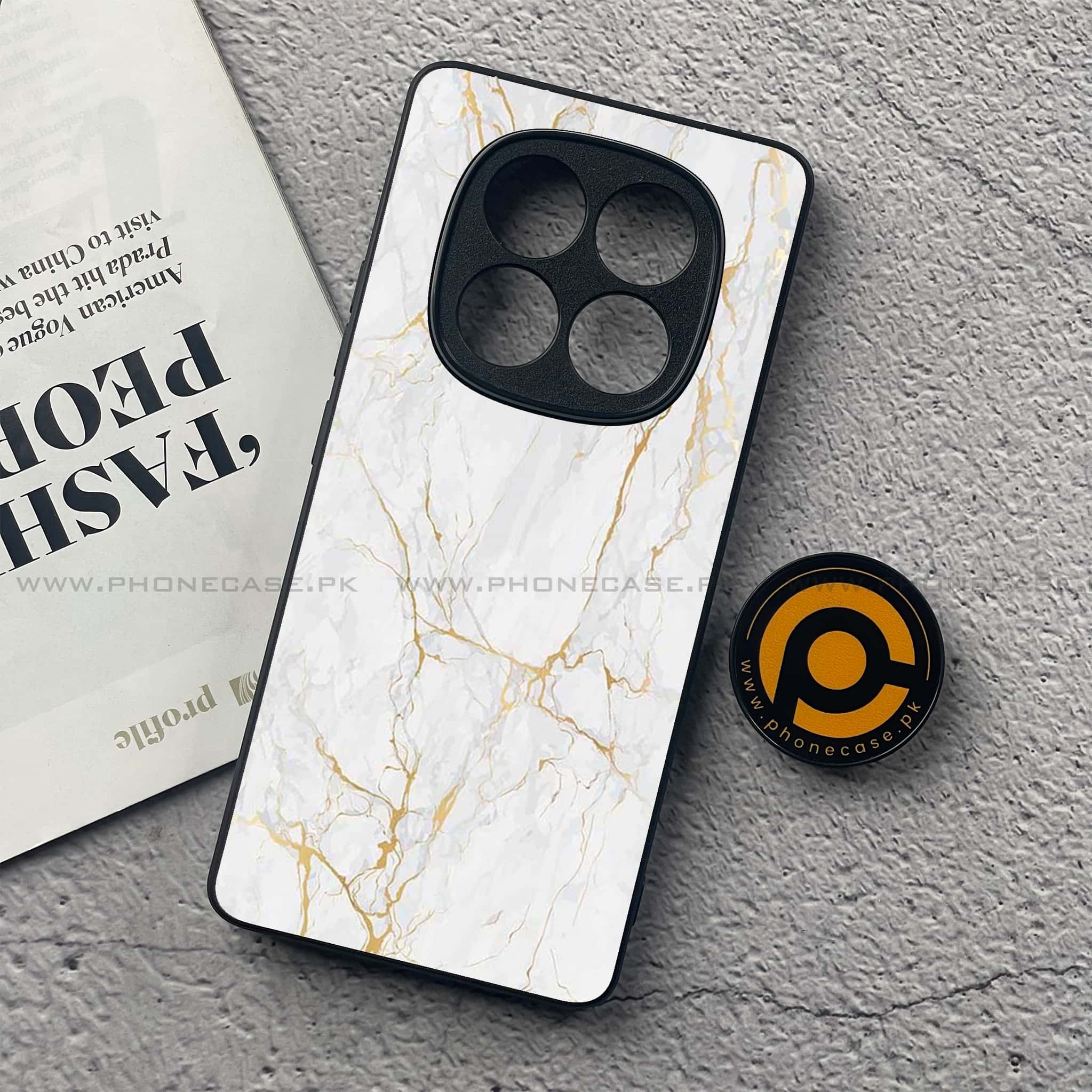 Redmi Note 14 Pro Plus 5G - White Marble Series - Premium Printed Glass soft Bumper shock Proof Case