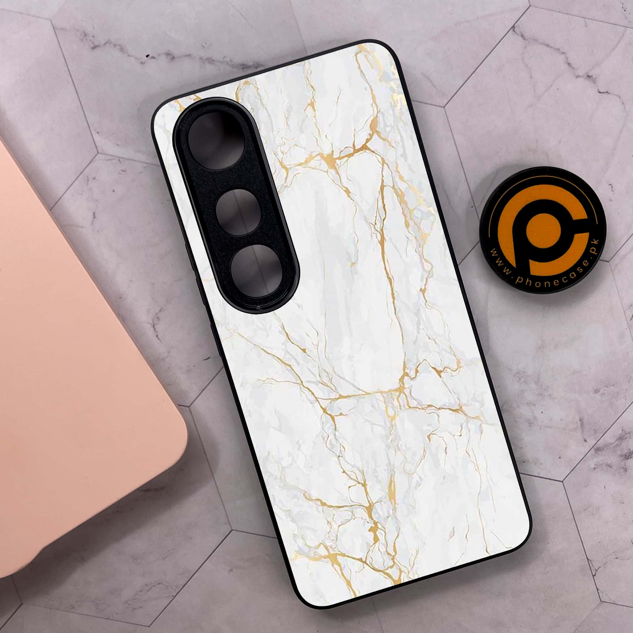 Vivo V50 Lite - White Marble Series - Premium Metal Printed soft Bumper shock Proof Case