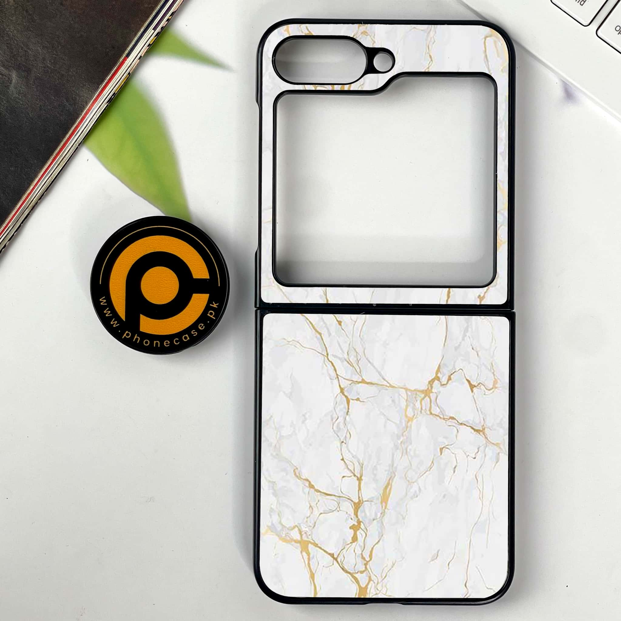 Galaxy Z Flip 6 - White Marble series - Premium Printed Glass soft Bumper shock Proof Case