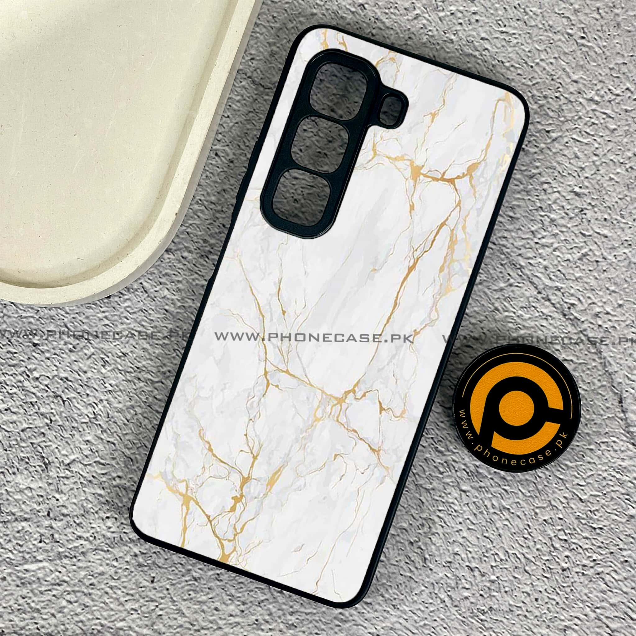 Infinix Hot 50 Pro - White Marble series - Premium Printed Glass soft Bumper shock Proof Case