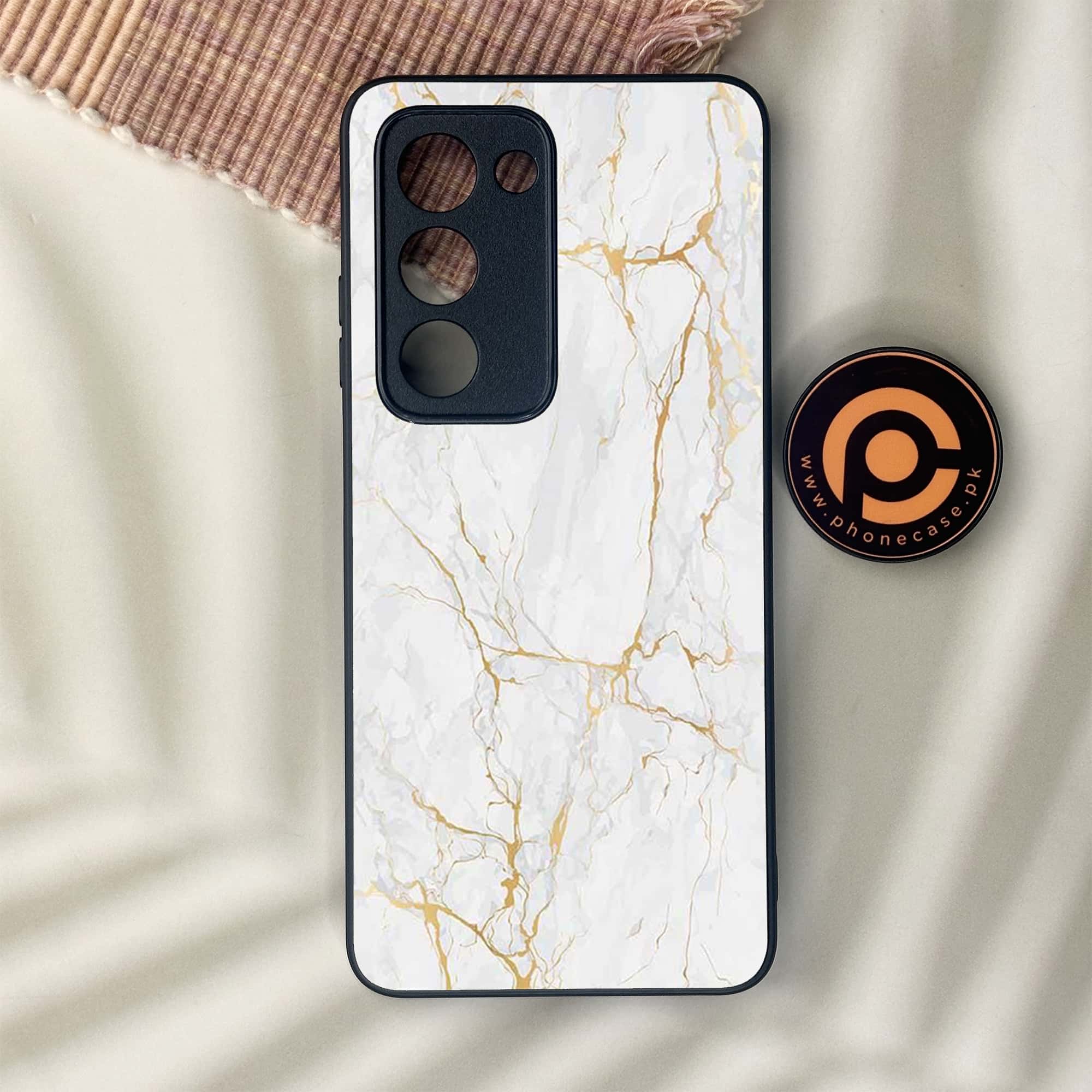 Oppo A5 2025 - White Marble Series - Premium Metal Printed soft Bumper shock Proof Case