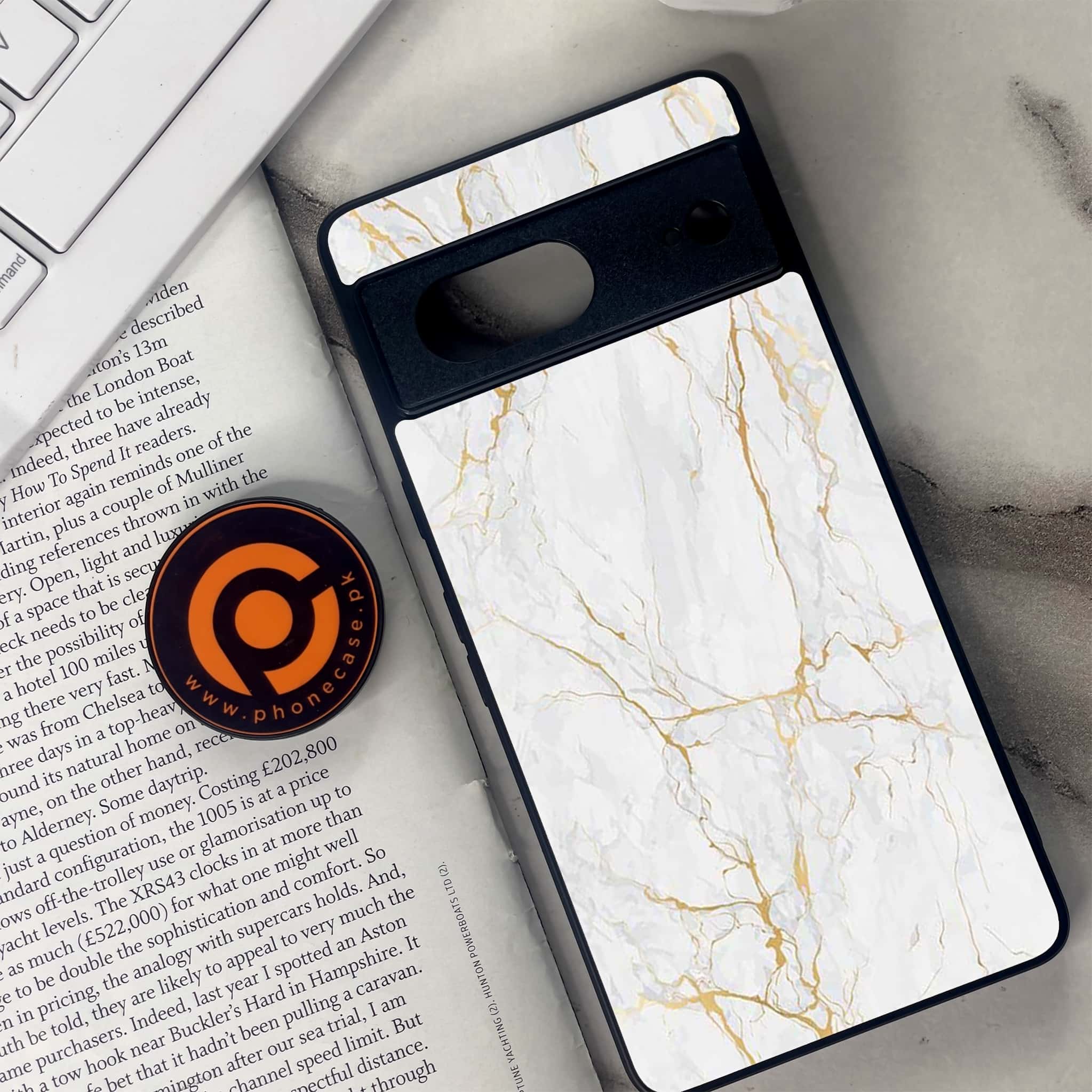 Google Pixel 7 - White Marble Series - Premium Metal Printed soft Bumper Shock Proof Case