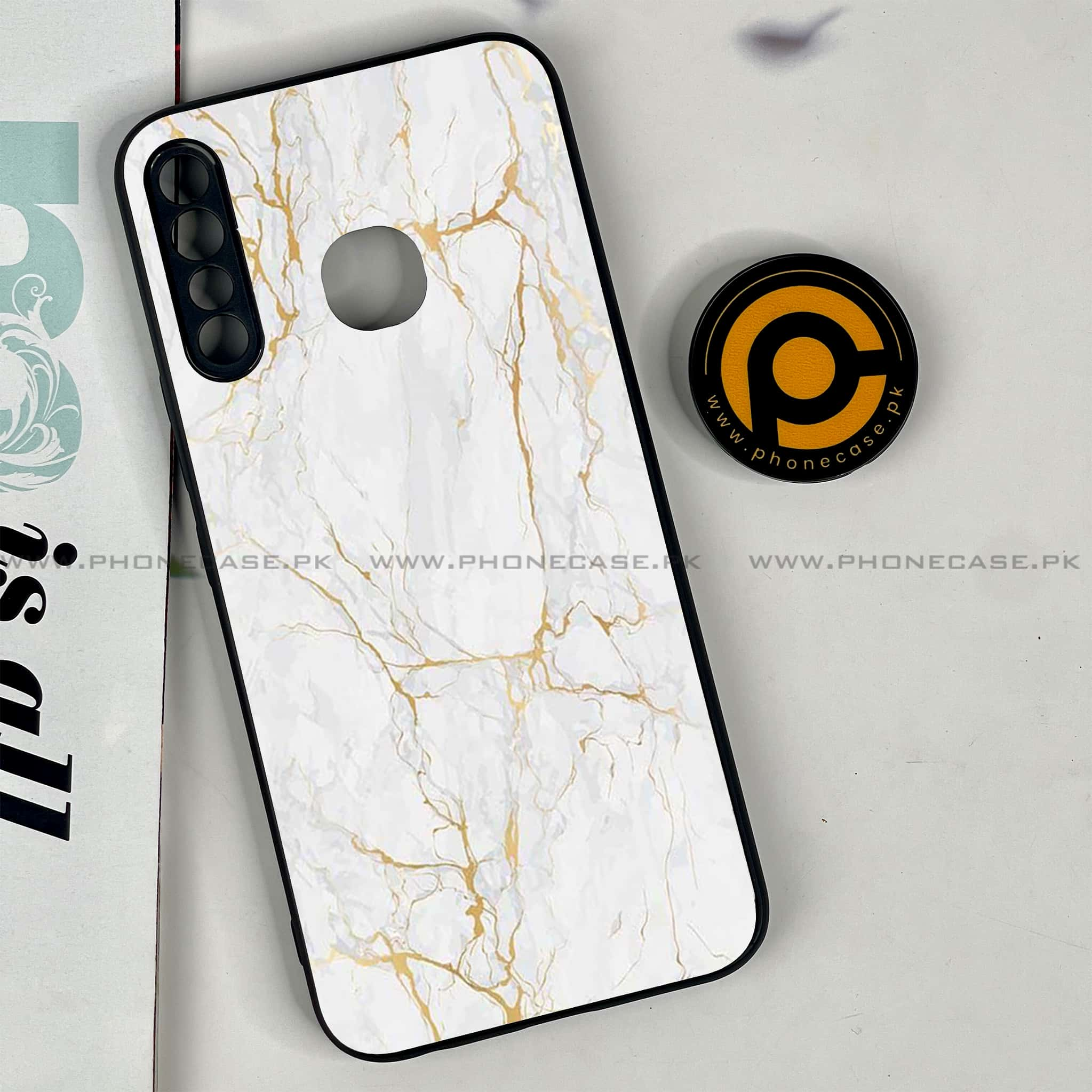 Infinix Hot 8 Lite - White Marble series - Premium Printed Glass soft Bumper shock Proof Cas