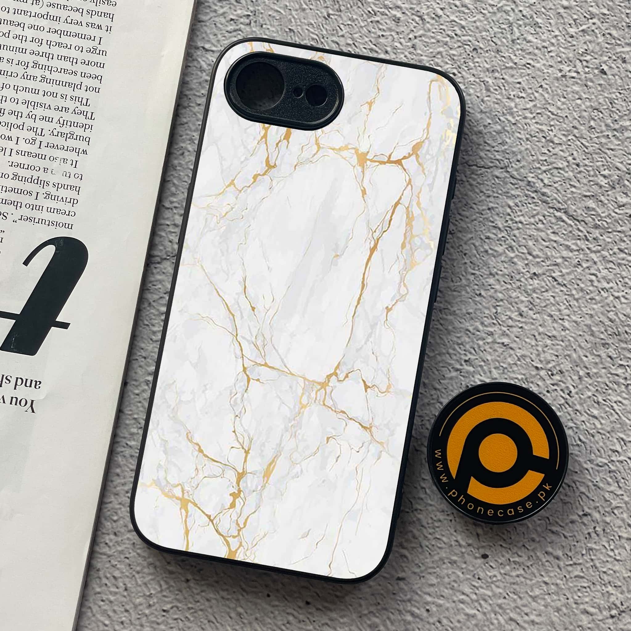 iPhone 16e - White Marble Series - Premium Metal  Printed soft Bumper shock Proof Case