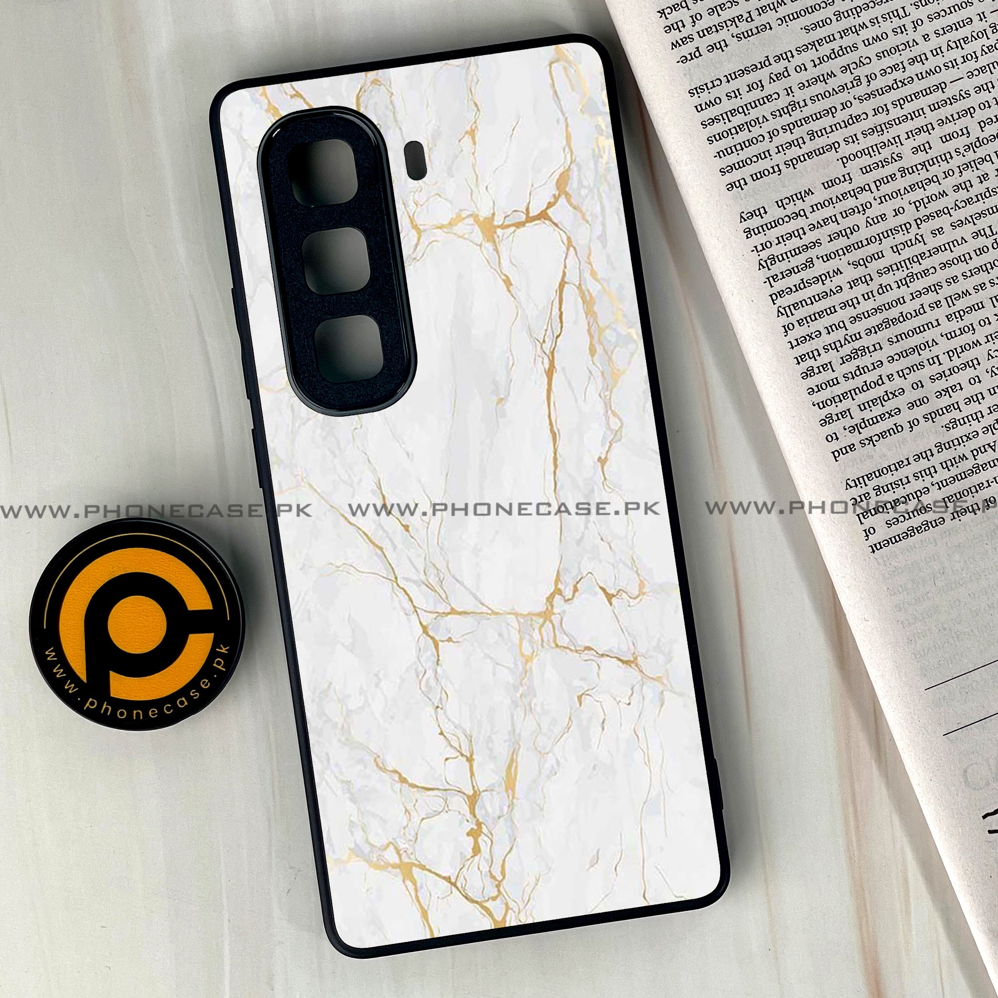 Infinix Hot 50 Pro Plus - White Marble series - Premium Printed Glass soft Bumper shock Proof Case