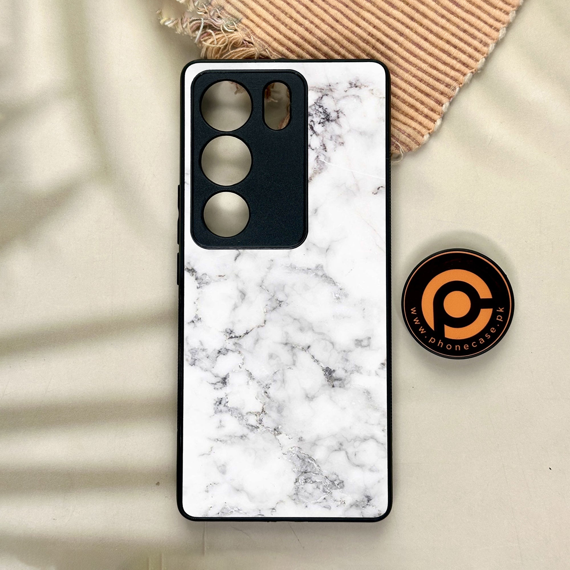 Vivo V29 - White Marble Series - Premium Printed Glass soft Bumper shock Proof Case