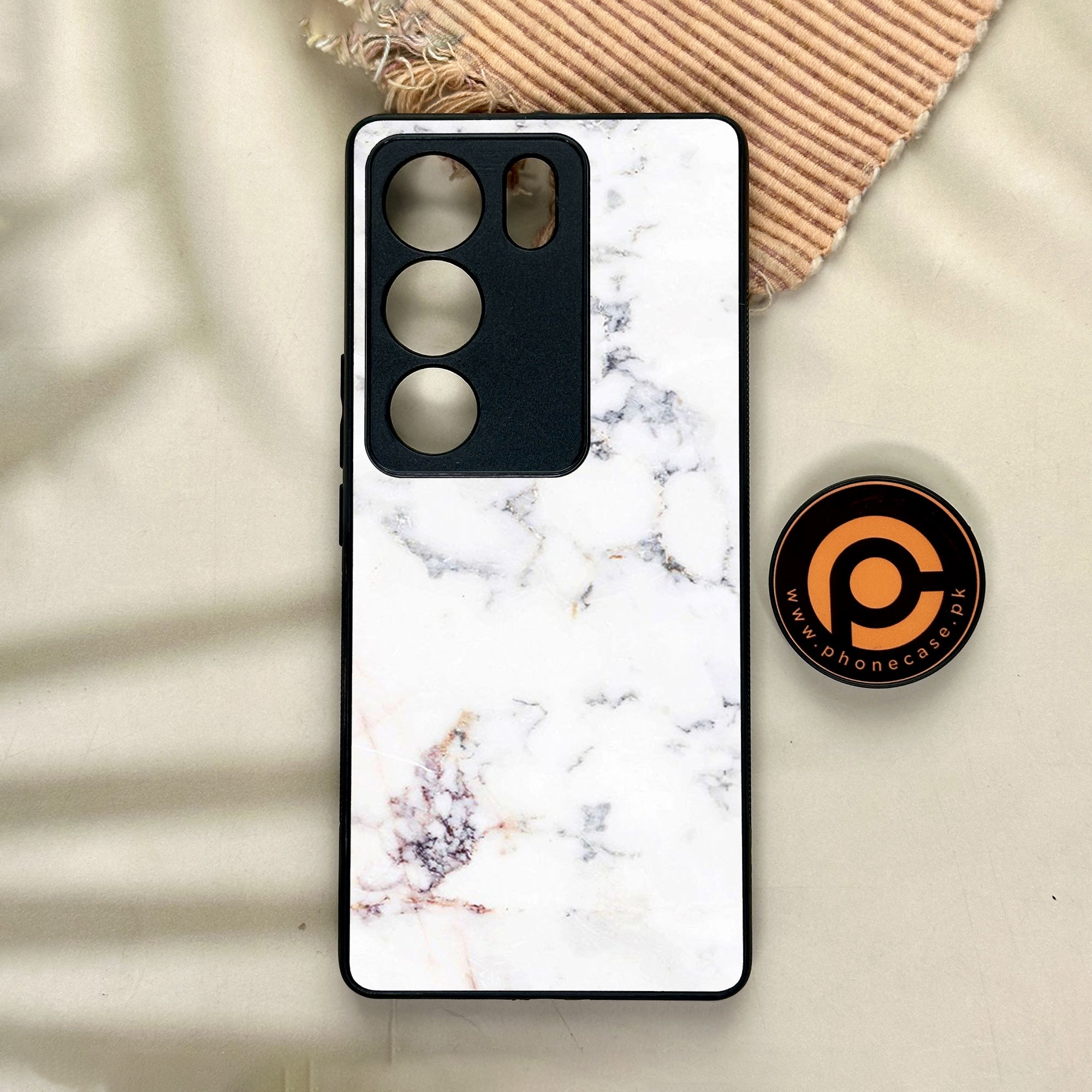 Vivo V29 - White Marble Series - Premium Printed Glass soft Bumper shock Proof Case