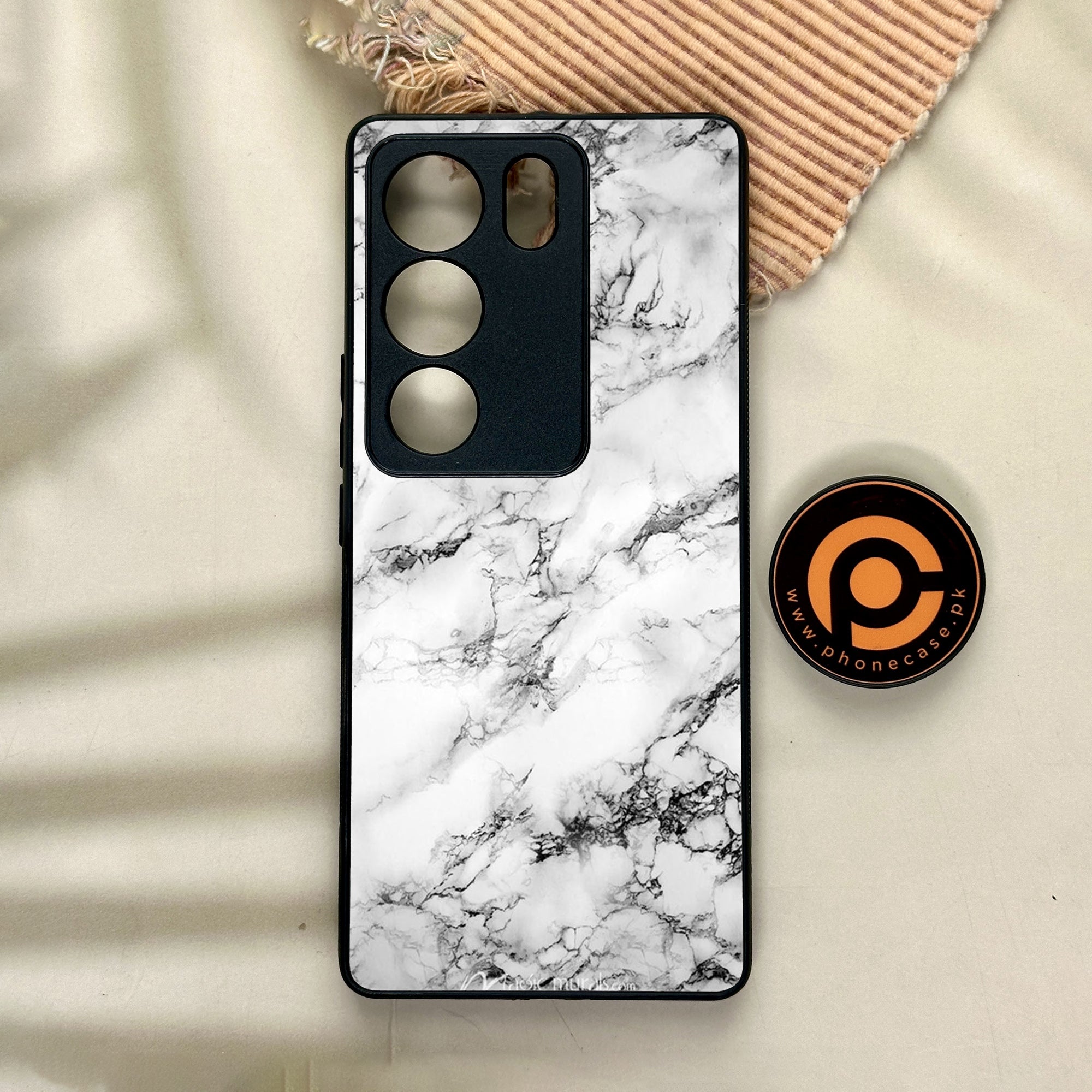 Vivo V29 - White Marble Series - Premium Printed Glass soft Bumper shock Proof Case