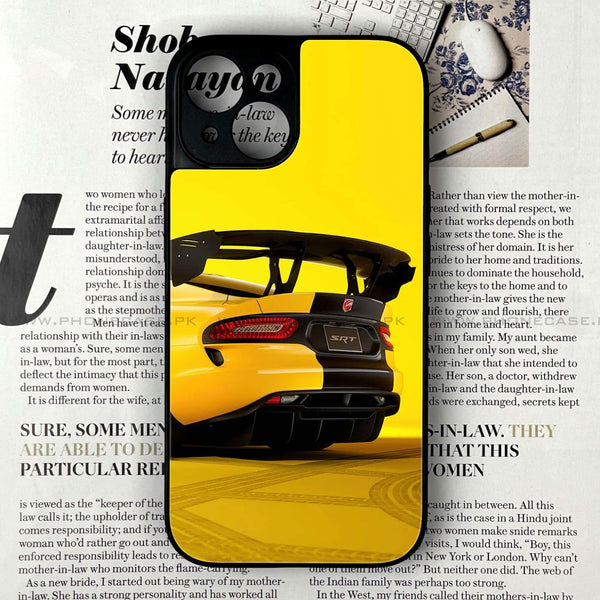 iPhone 14 - Yellow Racing Car - Premium Printed Glass soft Bumper shock Proof Case