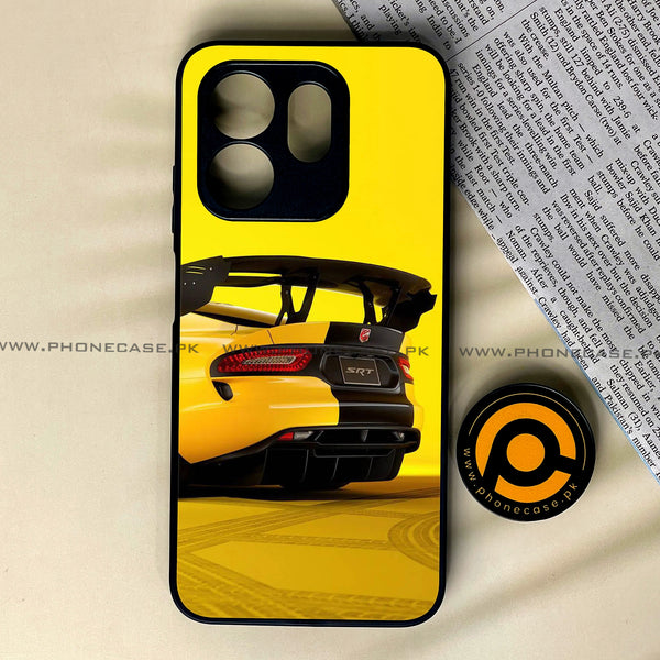 Infinix Hot 50i - Yellow Racing Car - Premium Printed Glass soft Bumper Shock Proof Case