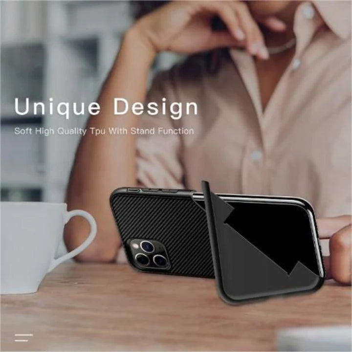 iPhone 11 Pro Max Ultra Thin Carbon Fiber Folding Stand Phone Case Luxury Silicone Bracket Cover