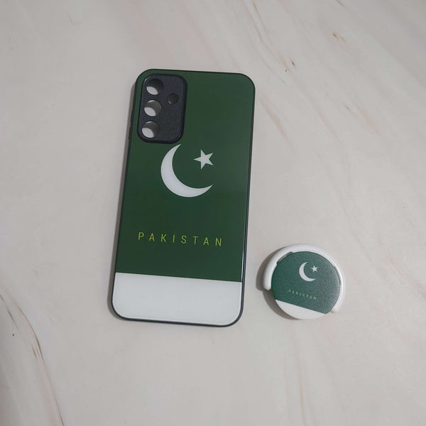 Samsung Galaxy A15 - Pakistani Flag Design 5 - Premium Printed Glass soft Bumper shock Proof Case+Matching Pop Socket  CS-26377