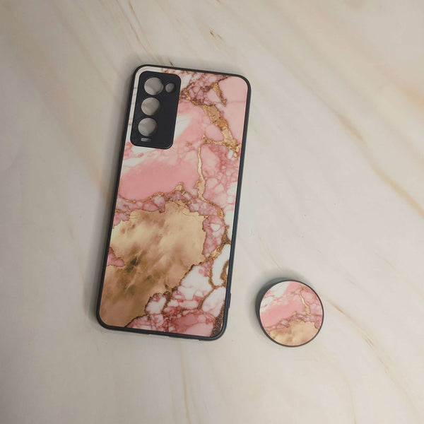 Tecno Camon 18/ 18P/ 18T -Pink Marble 2.0 Design 7 - Premium Printed Glass soft Bumper shock Proof Case   + with pop socket CS-27011