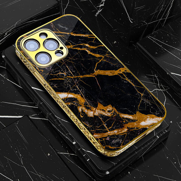 iPhone All Models Golden Black Marble -Premium Electroplated Infinity Ultra Shine Glass Soft Silicon Borders Case