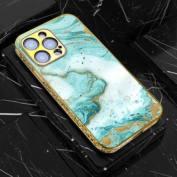iPhone All Models Aqua Blue Marble - Premium Electroplated Infinity Ultra Shine Glass Soft Silicon Borders Case